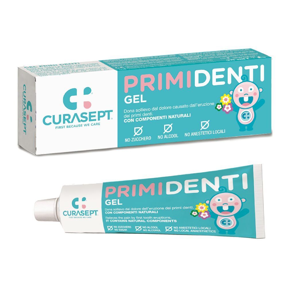Due tubi e una scatola. Scritta: PRIMIDENTI GEL. Marchio: CURASEPT. Contiene ingredienti naturali. Senza zucchero, alcool e anestetici locali.