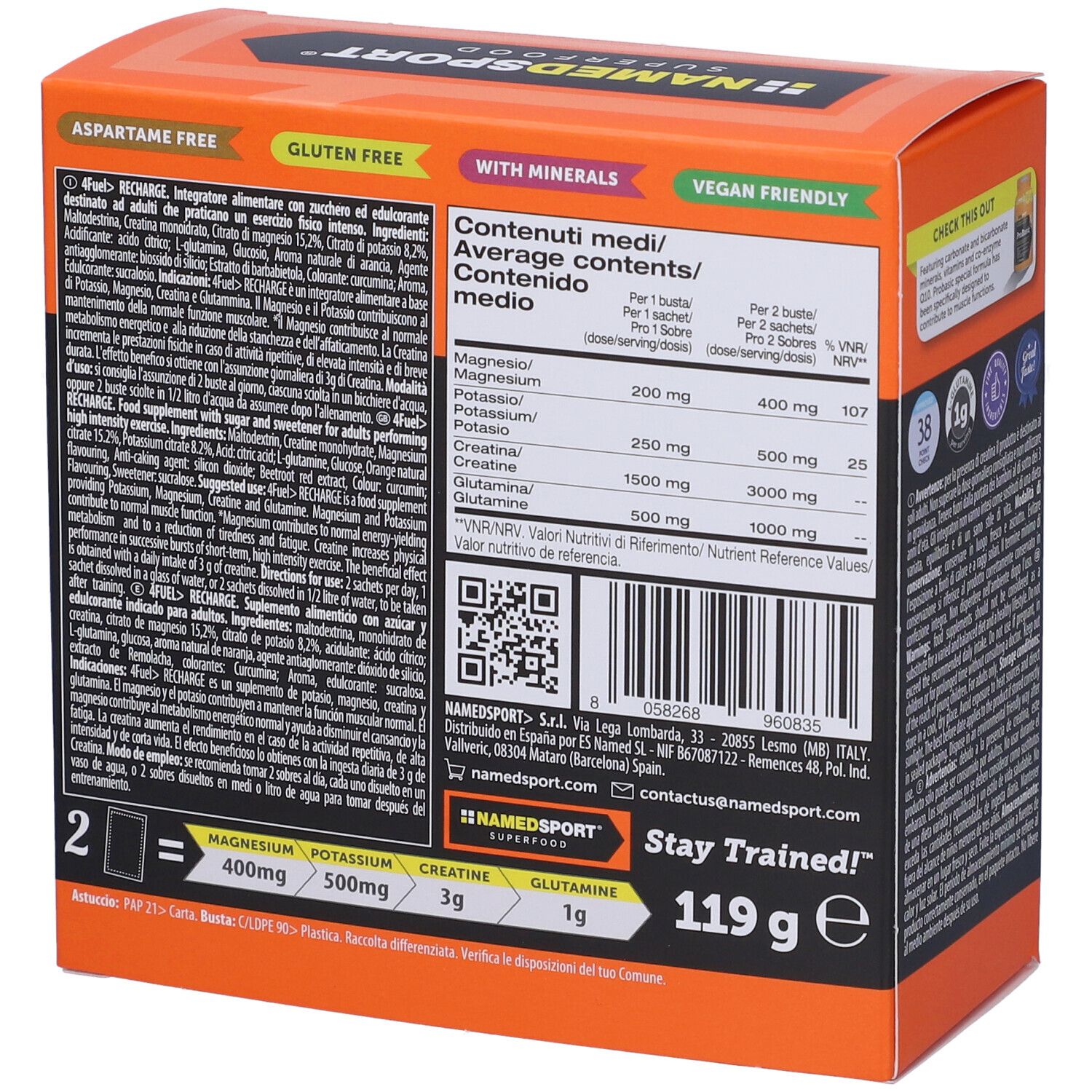Scatola arancione con informazioni sul prodotto e valori nutrizionali. Contiene magnesio, potassio, creatina e glutammina.