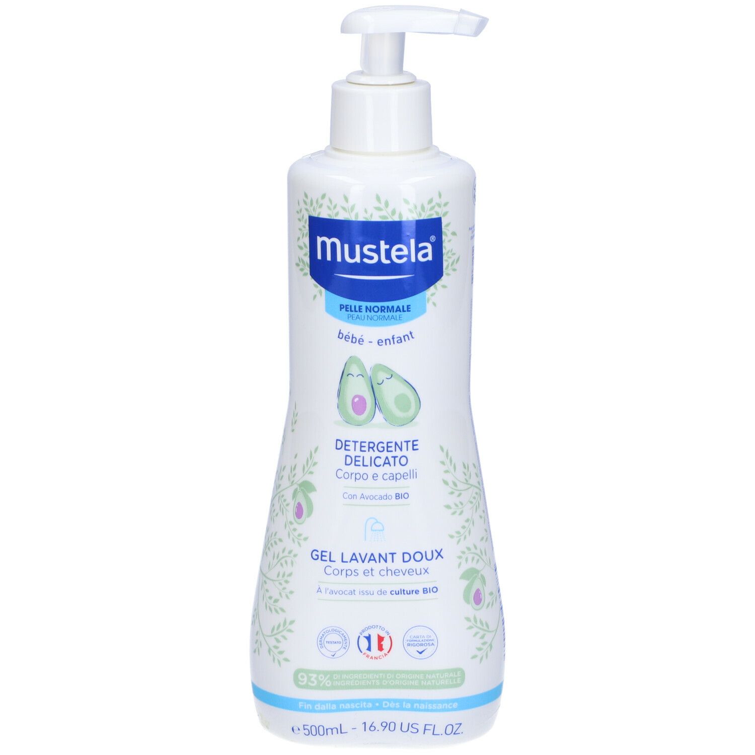 Flacone bianco con dosatore blu. Scritta: Mustela, Detergente Delicato, 500ml. Illustrazione avocado.