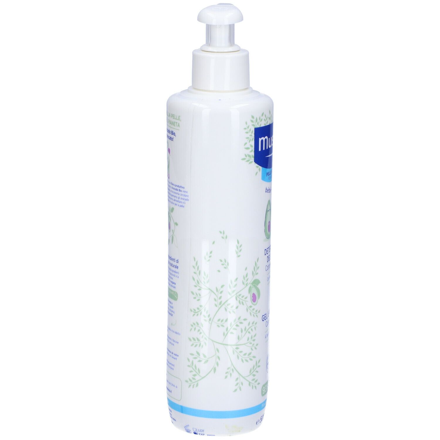 Flacone bianco, vista laterale. Scritta: Mustela, Detergente Delicato. Motivi vegetali.