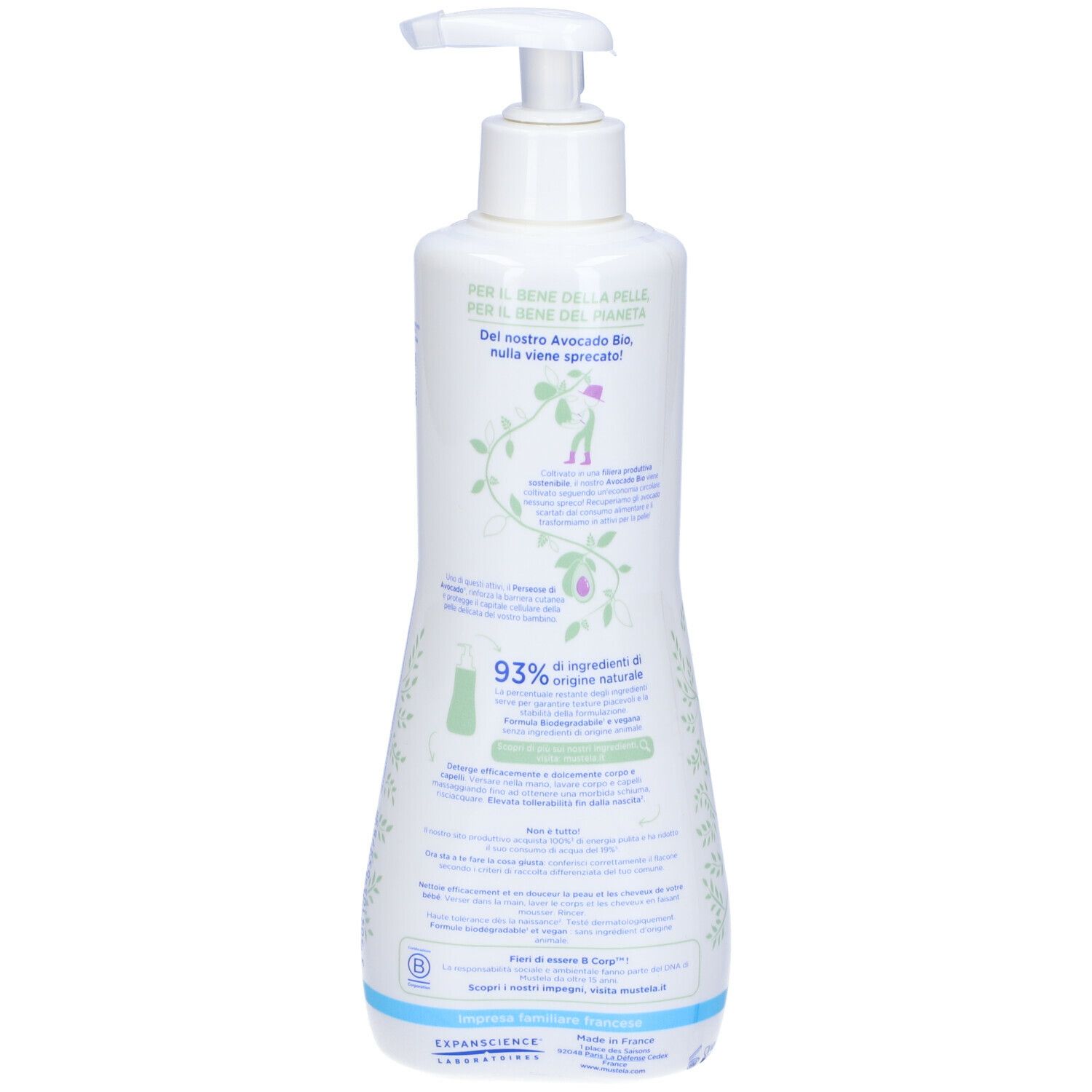 Retro del flacone bianco. Testo e illustrazioni. 93% ingredienti di origine naturale.