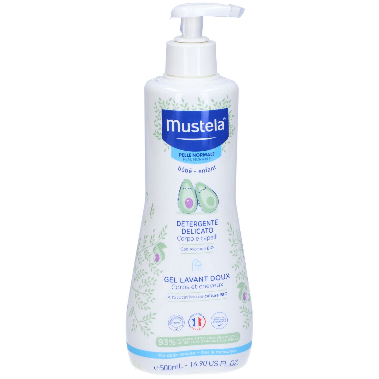 Flacone bianco con dosatore blu. Scritta: Mustela, Detergente Delicato, 500ml. Illustrazione avocado.