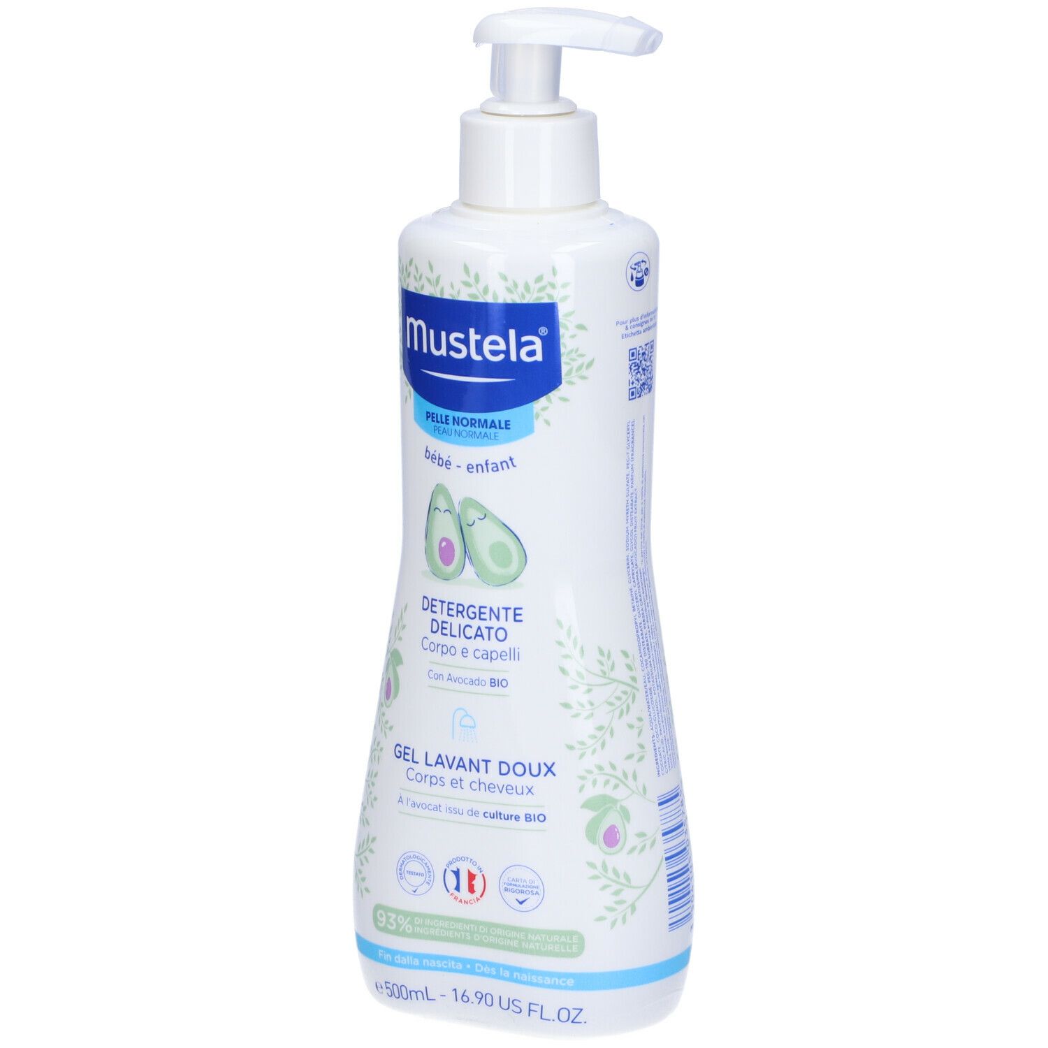 Flacone bianco con dosatore blu. Scritta: Mustela, Detergente Delicato, 500ml. Illustrazione avocado.
