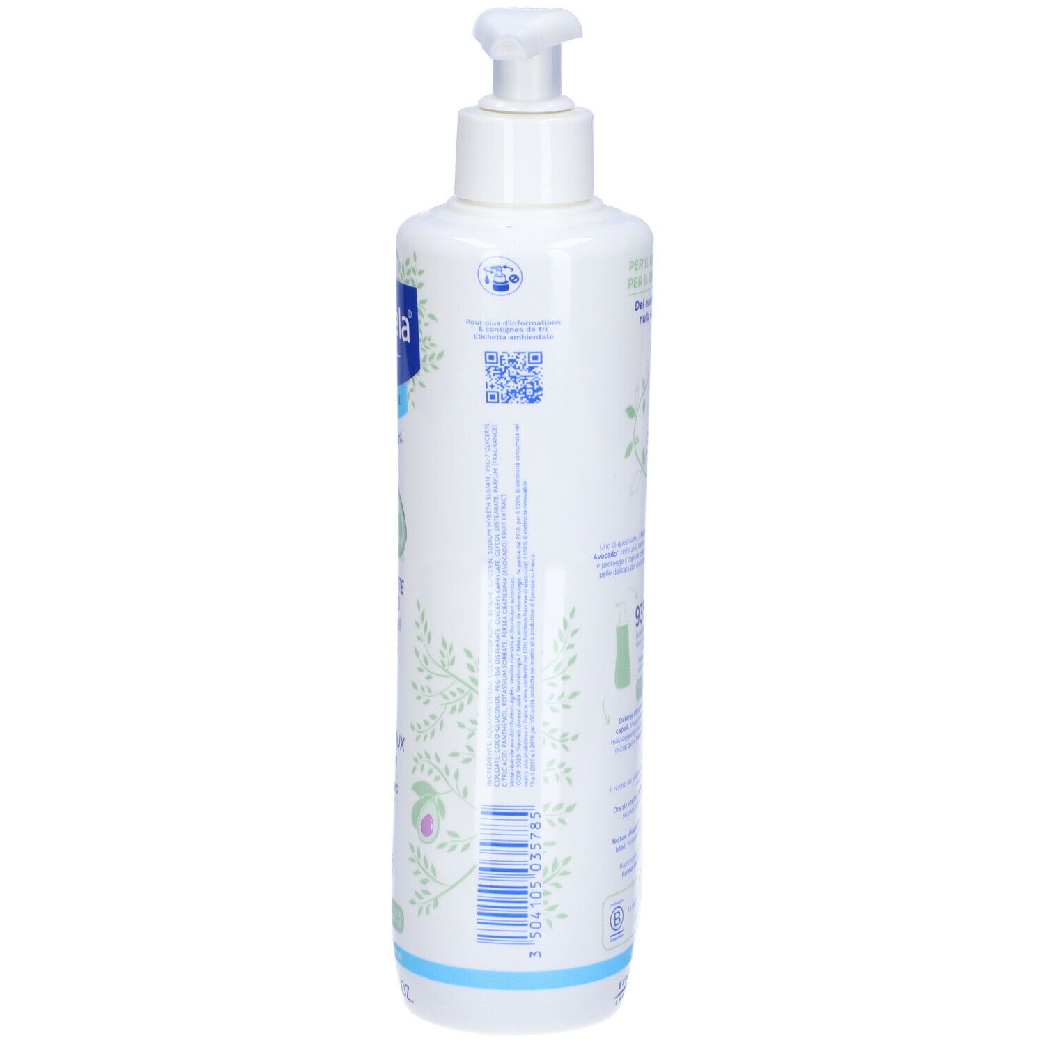 Flacone bianco, vista laterale con codice QR e codice a barre. Scritta: Mustela, Detergente Delicato.