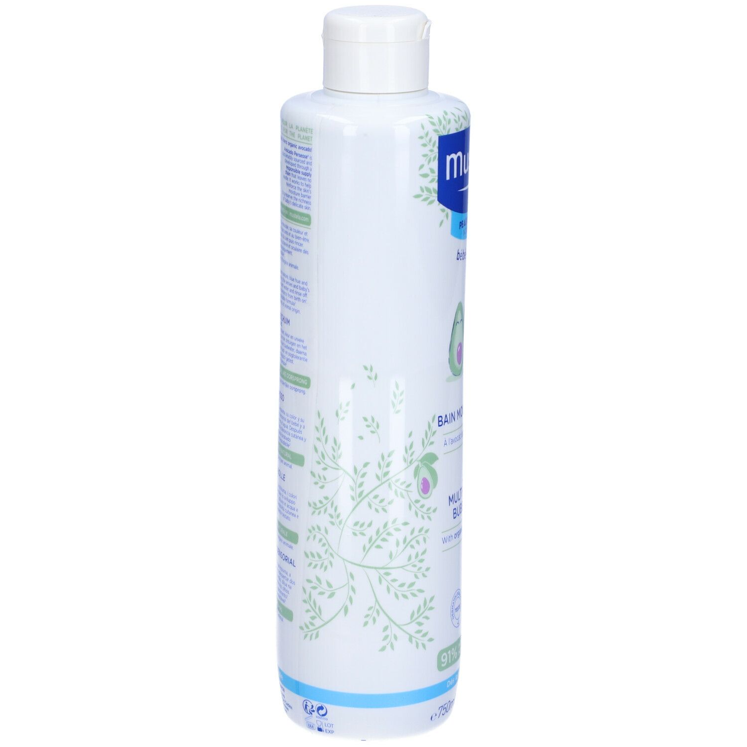 Mustela® Gel detergente Bagnetto Mille Bolle. Flacone, vista laterale. Testo e illustrazioni. Sfondo bianco. Striscia blu in basso.