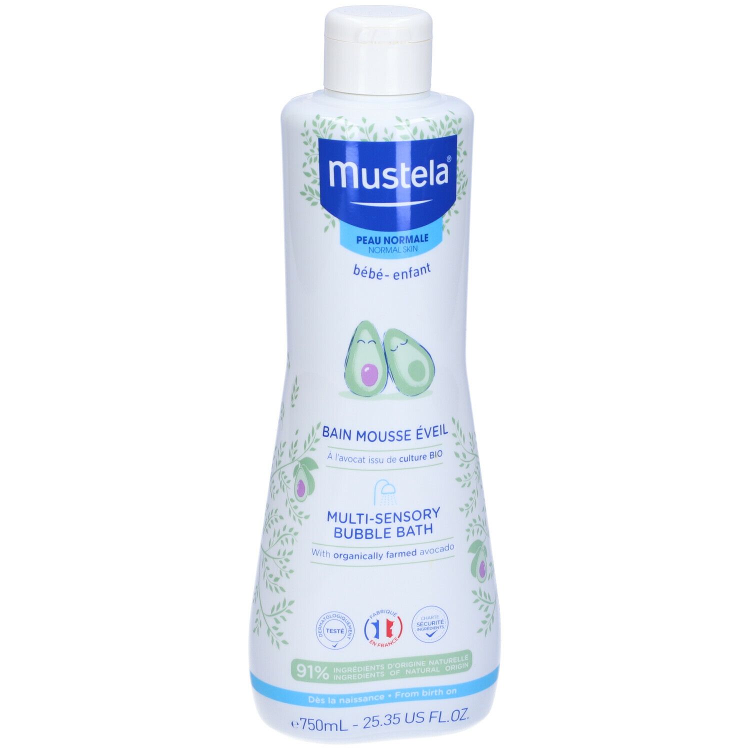 Mustela® Gel detergente Bagnetto Mille Bolle. Flacone bianco, tappo blu. Illustrazioni di avocado. Testo: Bain Mousse Éveil.