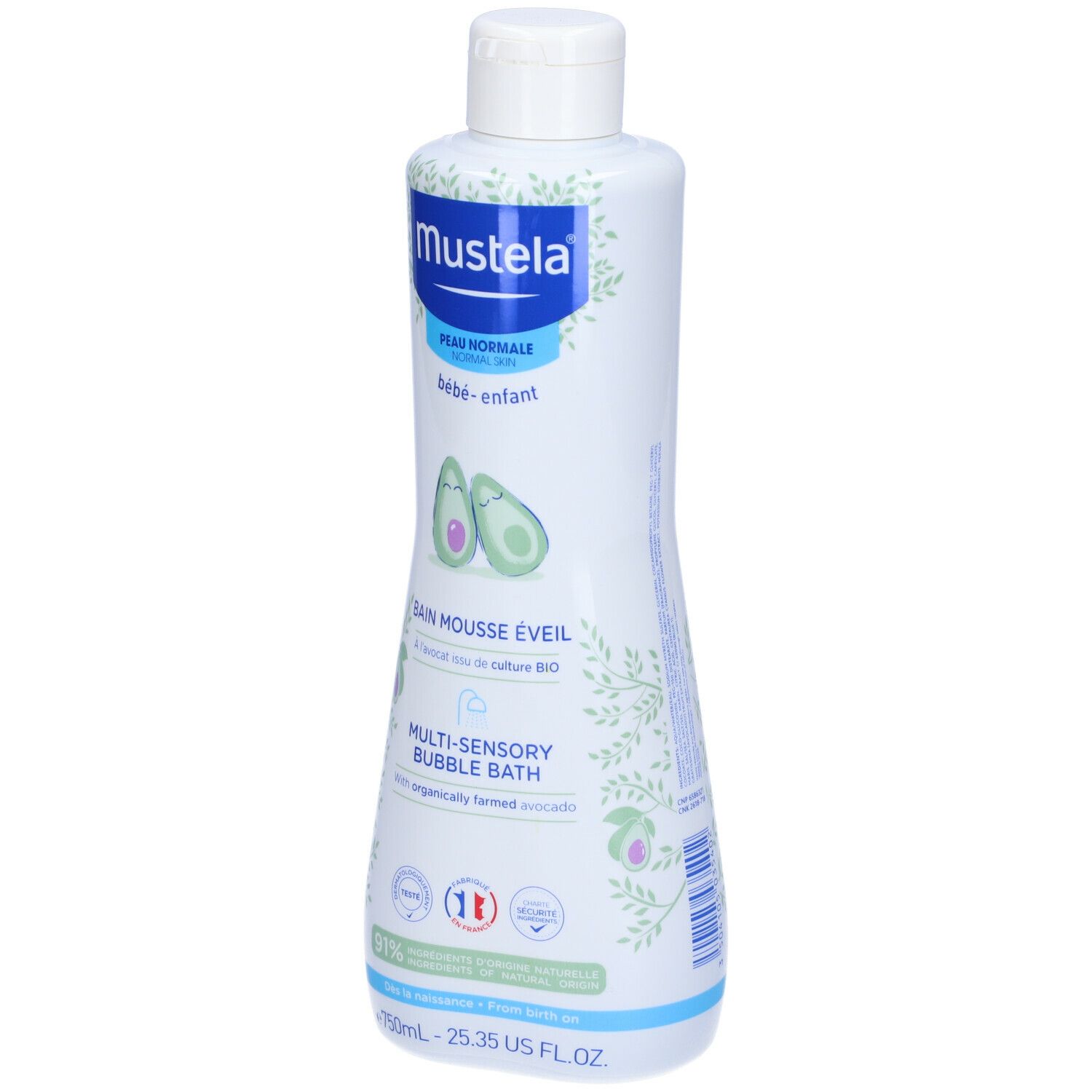 Mustela® Gel detergente Bagnetto Mille Bolle. Flacone bianco, tappo blu. Illustrazioni di avocado. Testo: Bain Mousse Éveil.