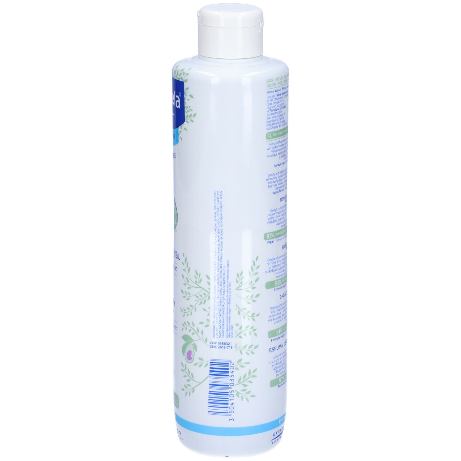 Mustela® Gel detergente Bagnetto Mille Bolle. Flacone, vista laterale. Testo e illustrazioni. Sfondo bianco. Striscia blu in basso.