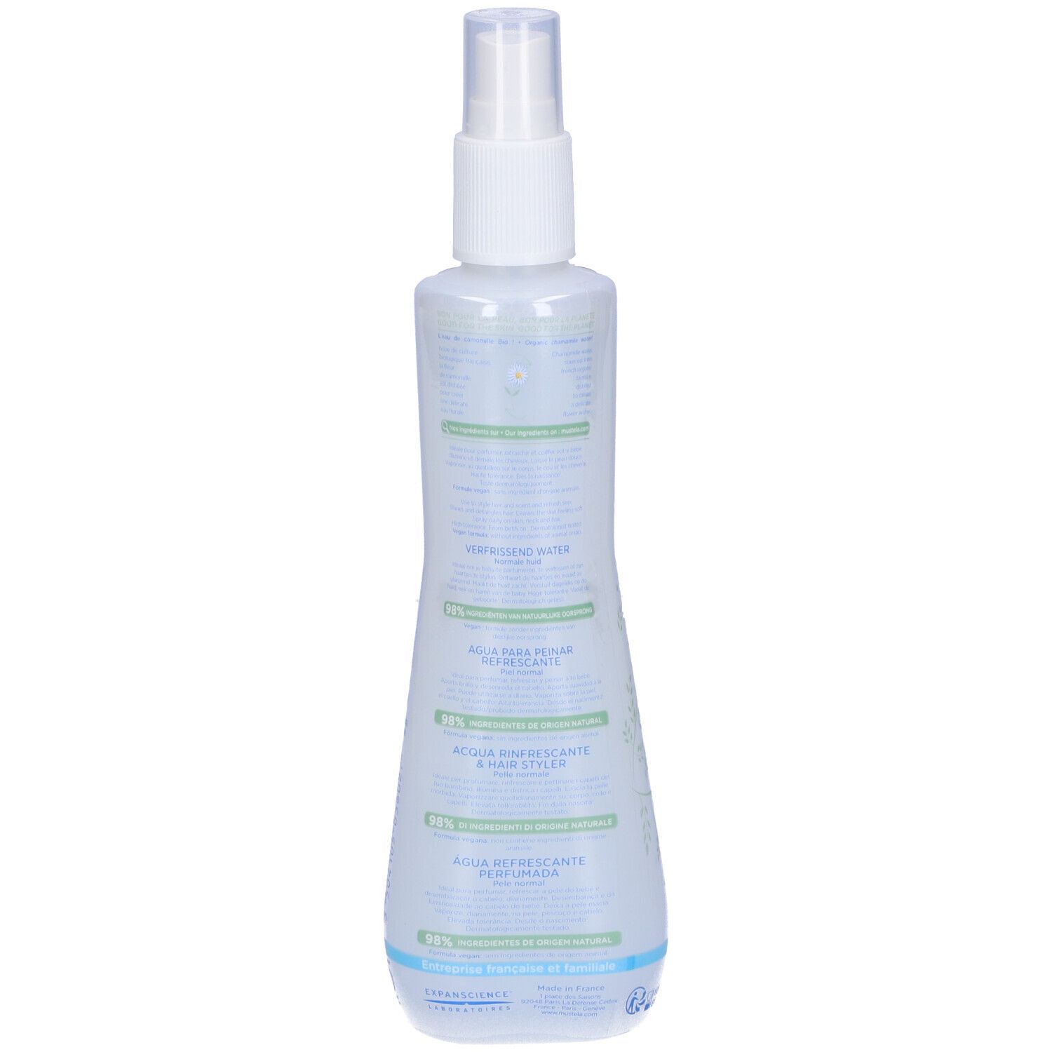 Klare Sprühflasche mit weißem Pumpspender. Enthält eine transparente Flüssigkeit.