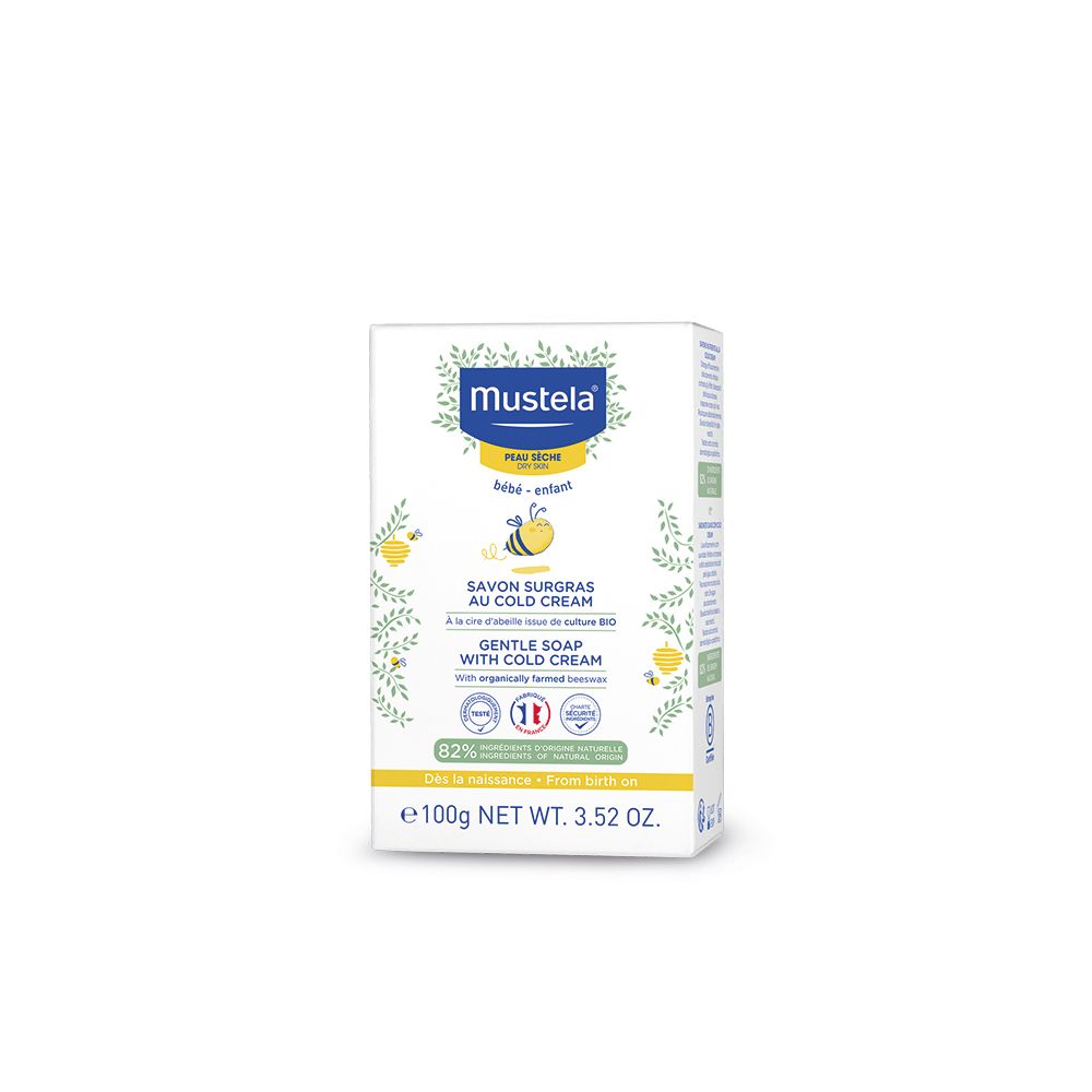 Confezione di sapone Mustela. Scritto: Savon surgras au Cold Cream, Gentle Soap with Cold Cream. 100g.