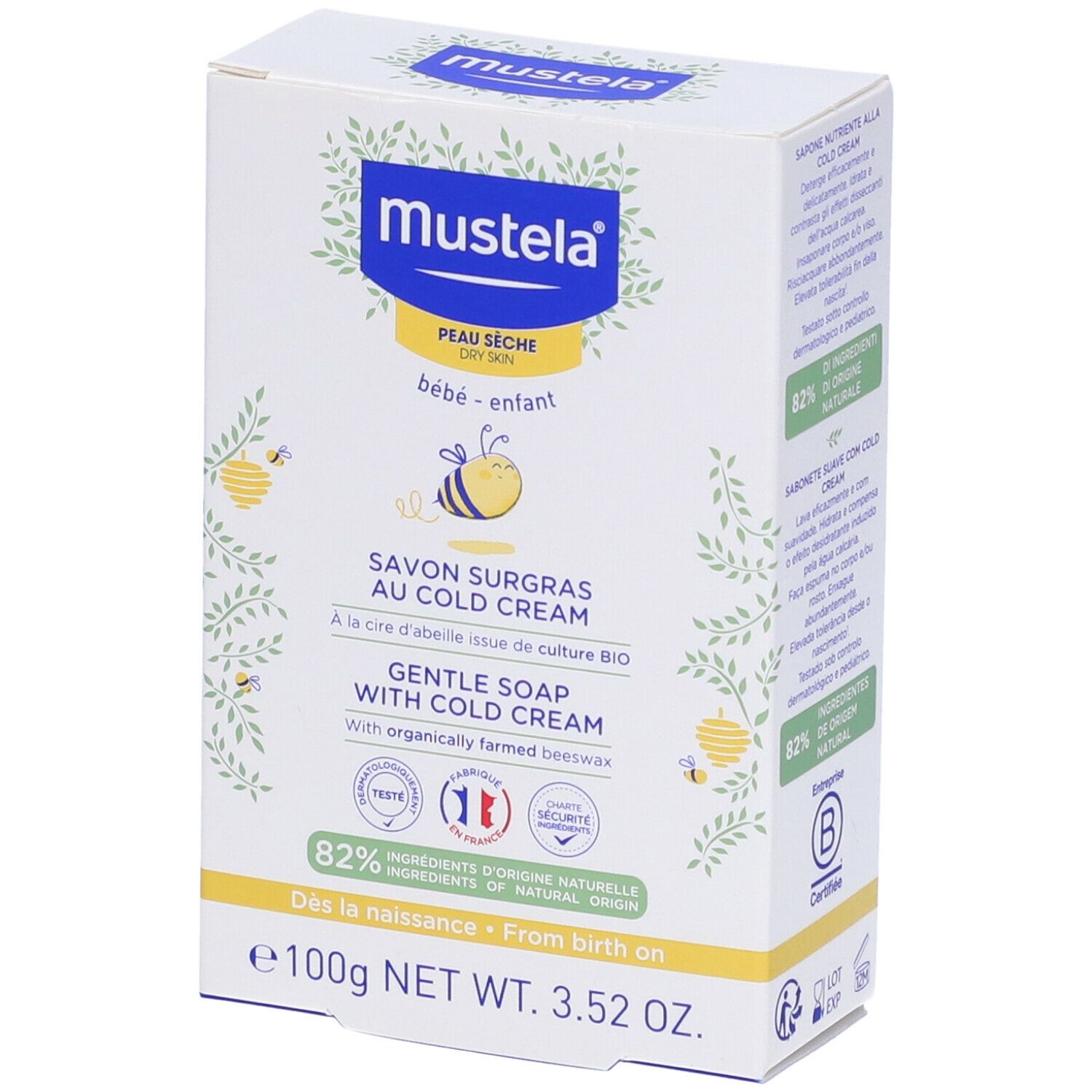 Confezione di sapone Mustela. Scritto: Savon surgras au Cold Cream, Gentle Soap with Cold Cream. 100g. Pelle secca.