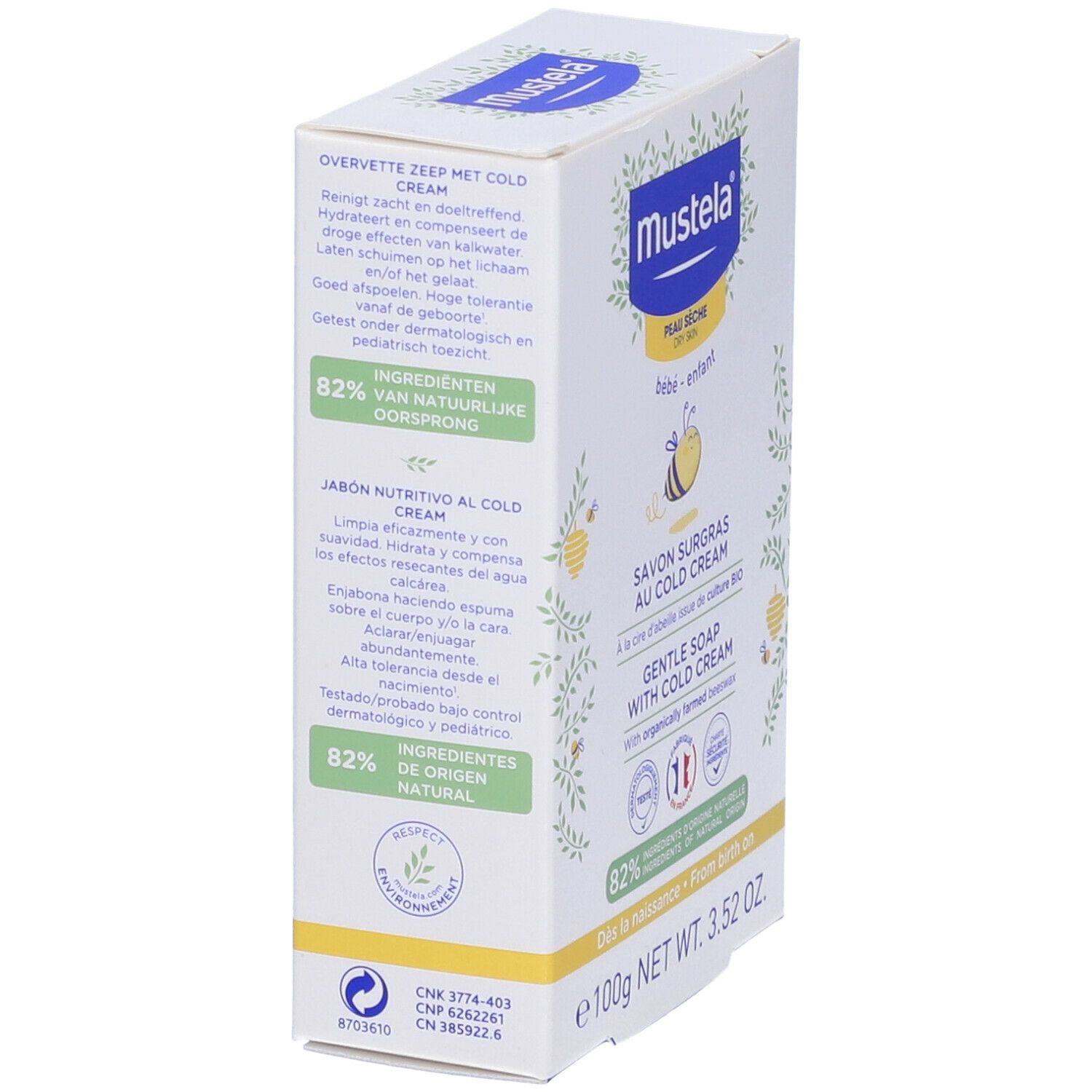 Confezione di sapone Mustela. Scritto: Savon surgras au Cold Cream, Gentle Soap with Cold Cream. 100g. Pelle secca.