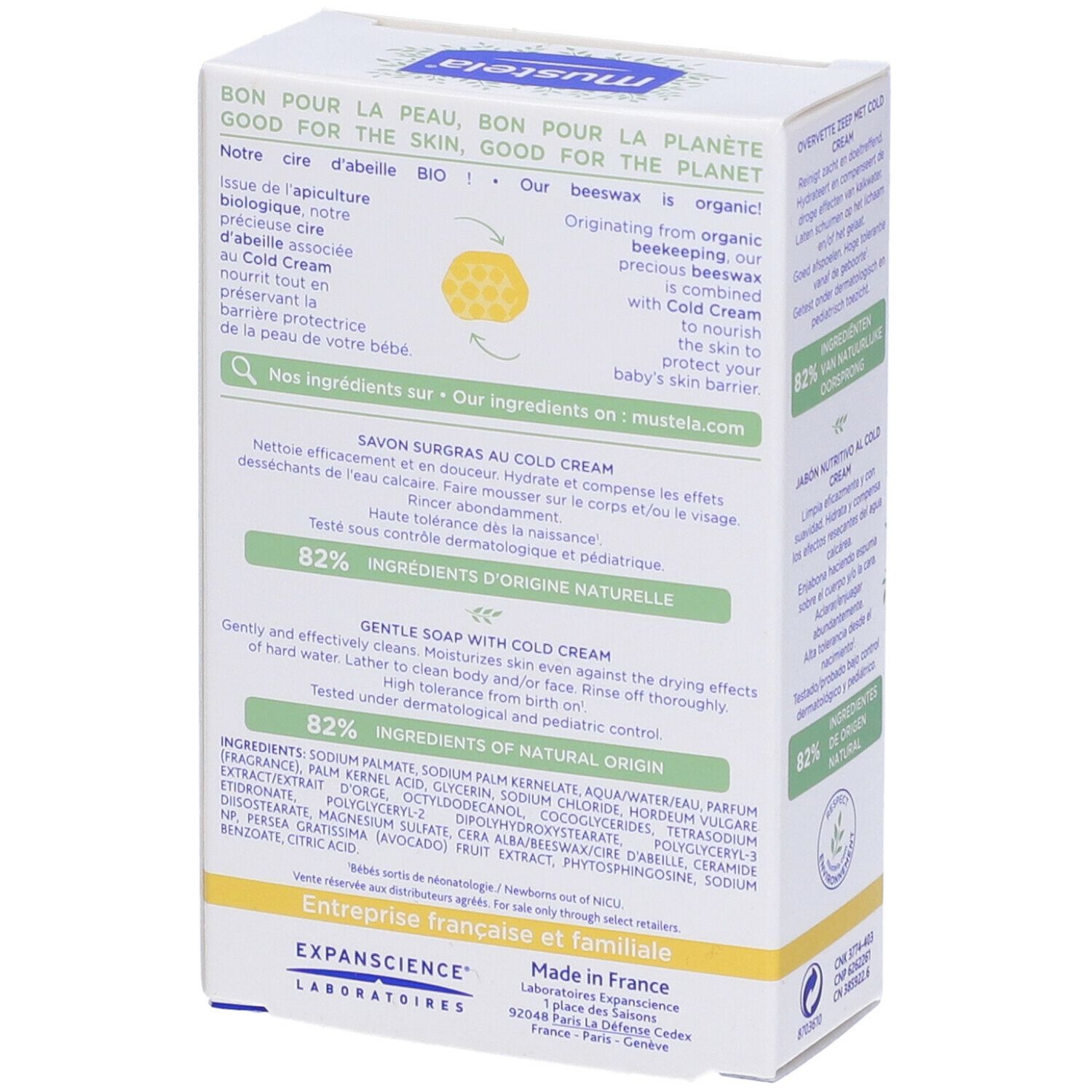 Confezione di sapone Mustela. Scritto: Savon surgras au Cold Cream, Gentle Soap with Cold Cream. 100g. Pelle secca.