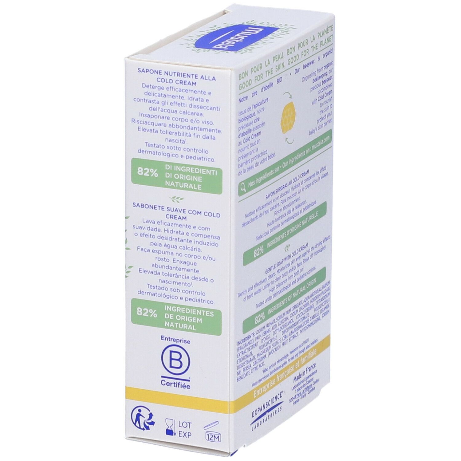 Retro della confezione di sapone. Scritto: Savon surgras au Cold Cream, Gentle Soap with Cold Cream. 82% ingredienti di origine naturale.