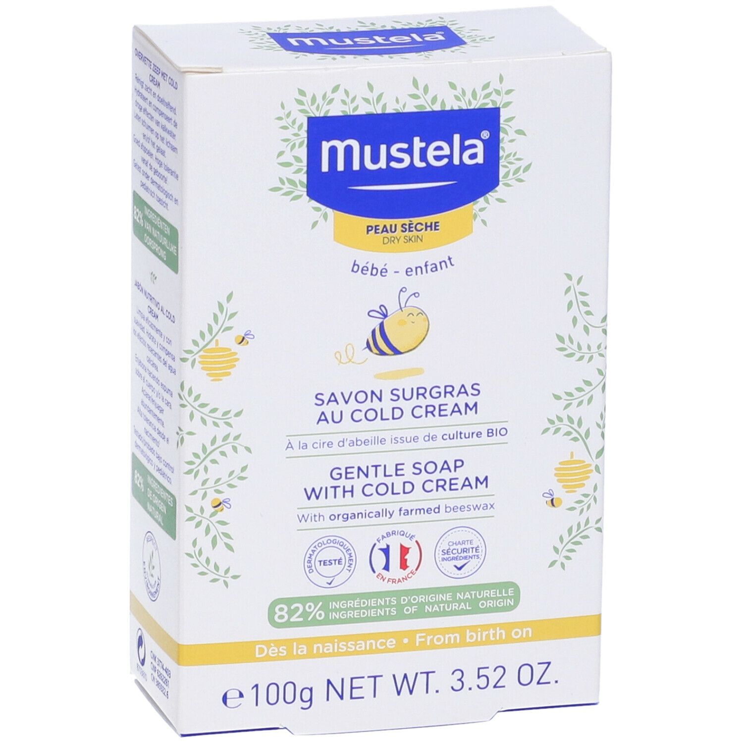 Confezione di sapone Mustela. Scritto: Savon surgras au Cold Cream, Gentle Soap with Cold Cream. 100g. Pelle secca.