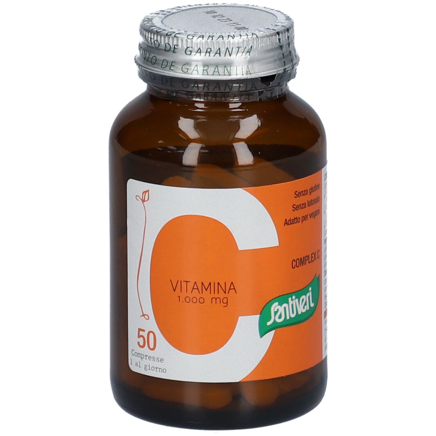 Braune Glasflasche mit Vitamin C-Tabletten. Orangefarbenes Etikett mit Text und Logo. Silberner Schraubverschluss.