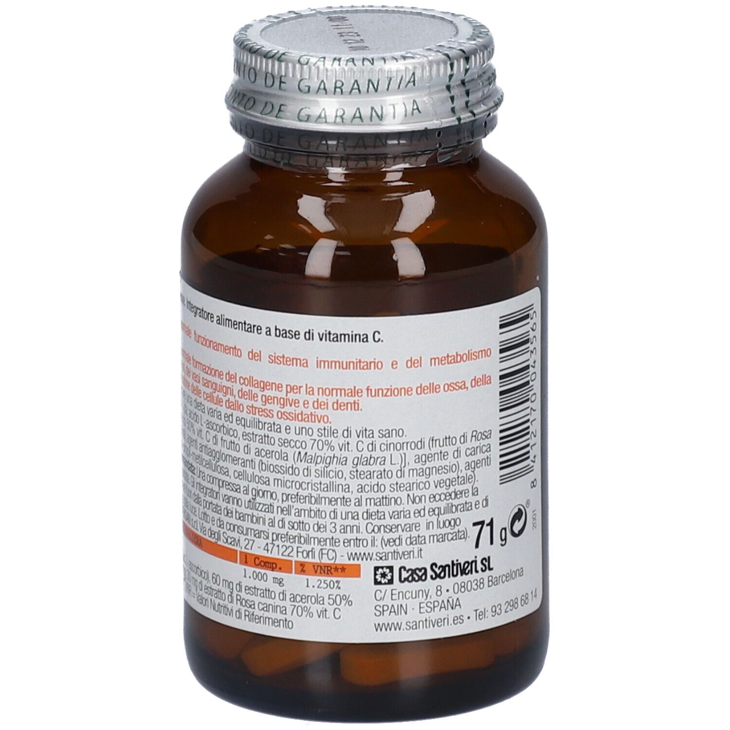Braune Glasflasche mit Vitamin C-Tabletten. Rückansicht mit Text. Silberner Schraubverschluss. Gewicht 71g.