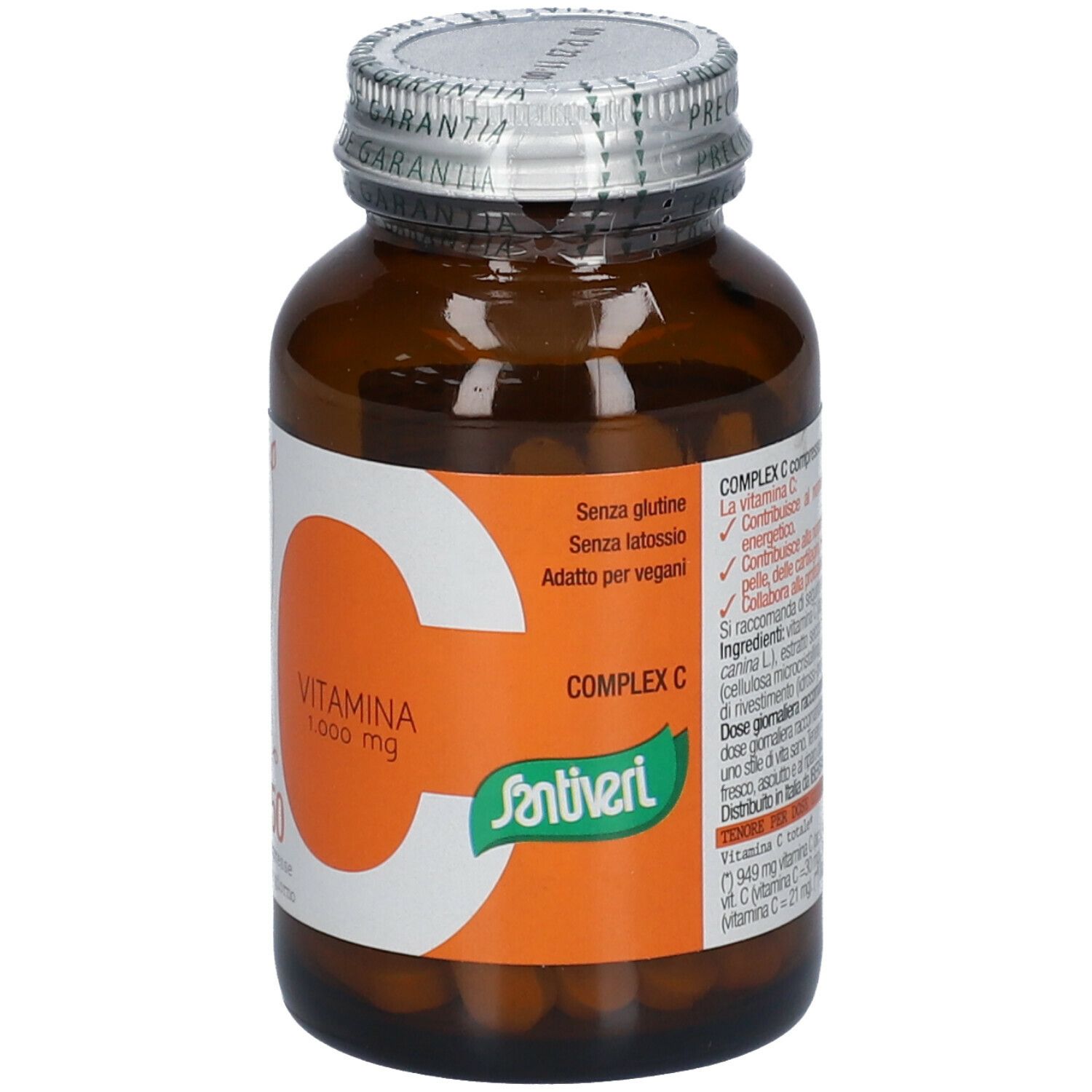 Braune Glasflasche mit Vitamin C-Tabletten. Orangefarbenes Etikett mit Text und Logo. Silberner Schraubverschluss.