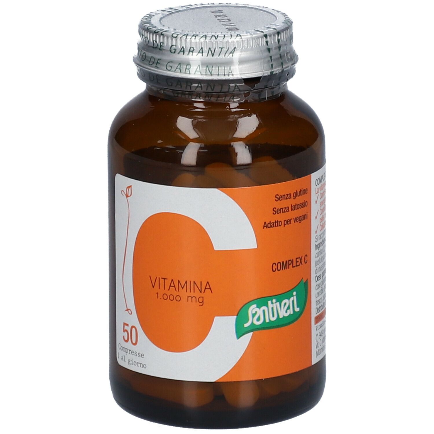Braune Glasflasche mit Vitamin C-Tabletten. Rückansicht mit Text. Silberner Schraubverschluss. Details zur Zusammensetzung.