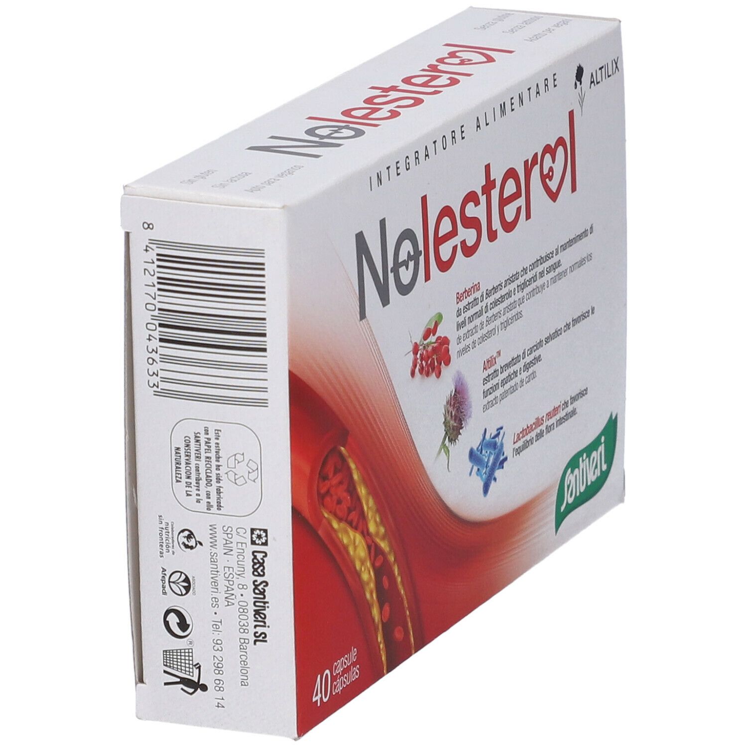 Scatola di Nolesterol Altilix 40 capsule. Vista laterale. Scatola bianca con codice a barre e testo. Logo: Santiveri.