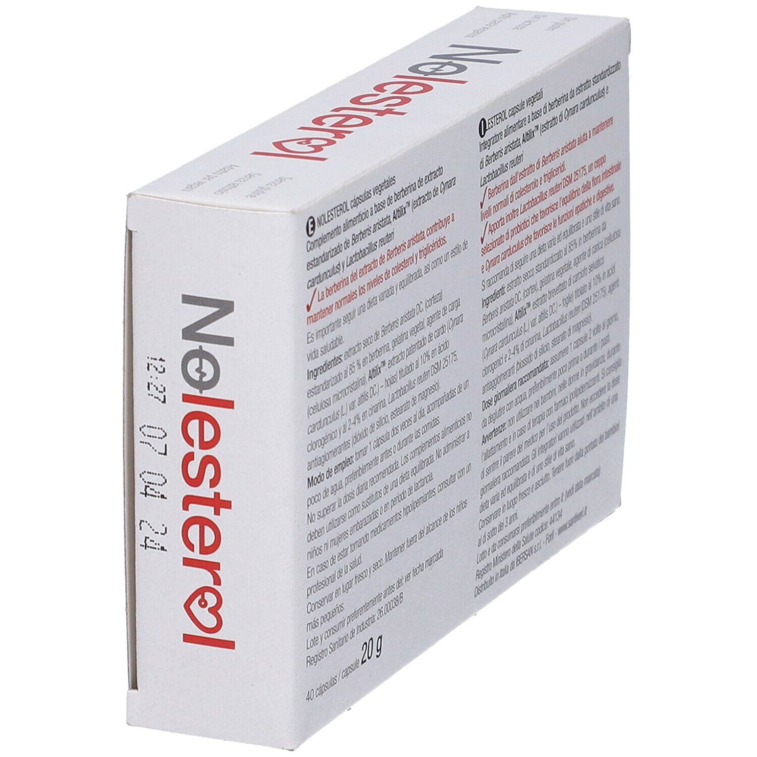 Scatola di Nolesterol Altilix 40 capsule. Vista laterale. Scatola bianca con testo. 40 capsule. Logo: Santiveri.