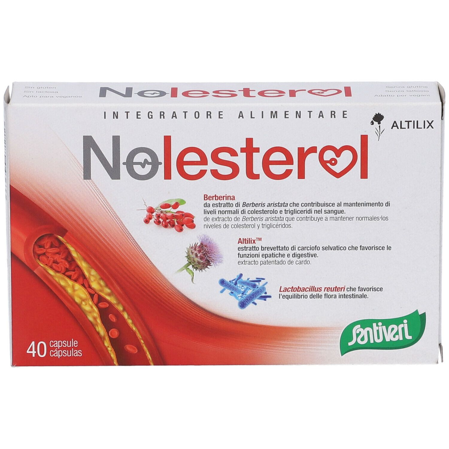 Scatola di Nolesterol Altilix 40 capsule. Scatola bianca con logo a cuore rosso. 40 capsule. Logo: Santiveri.