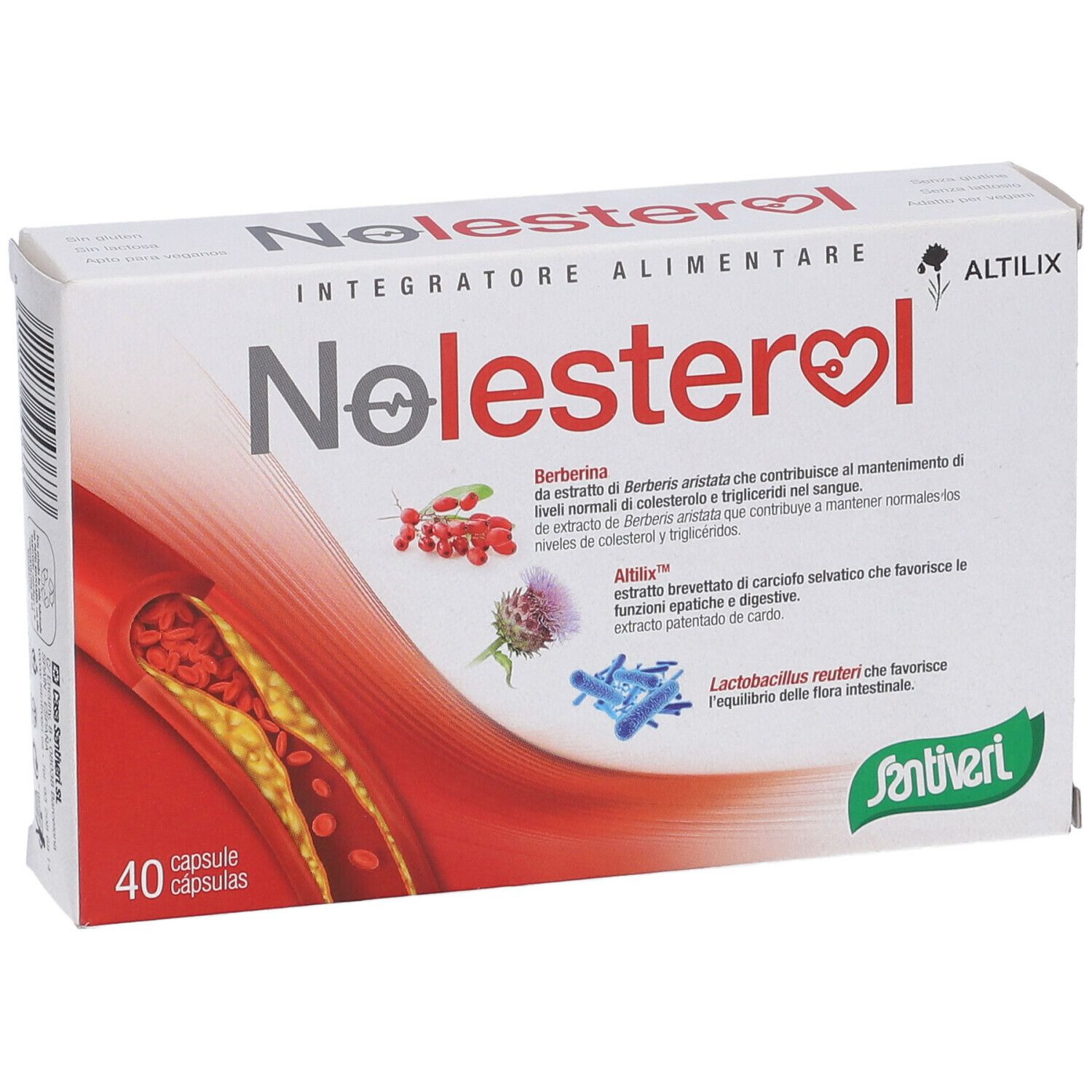 Scatola di Nolesterol Altilix 40 capsule. Scatola bianca con logo a cuore rosso. 40 capsule. Logo: Santiveri.