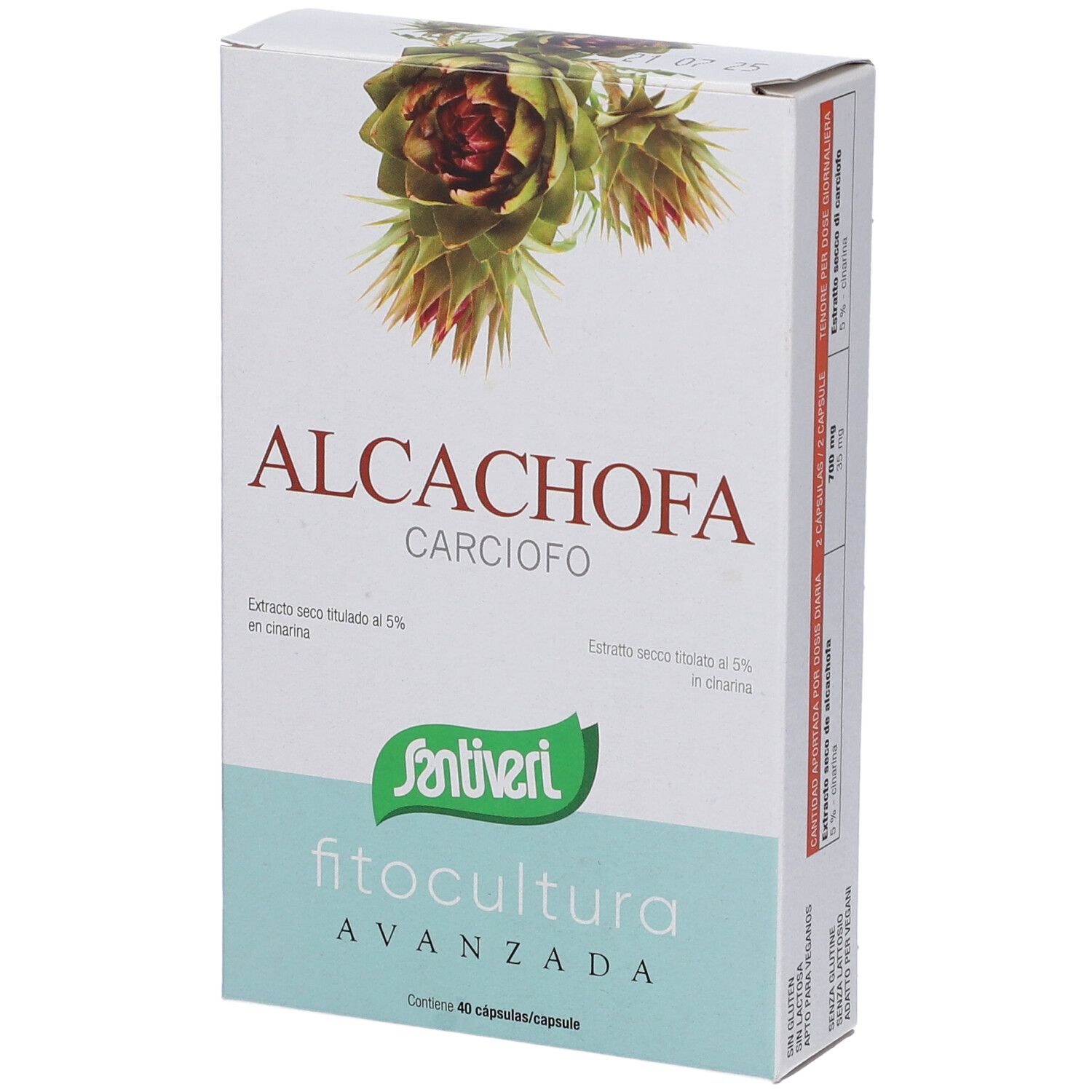 Scatola "ALCACHOFA CARCIOFO" con illustrazione di carciofo. Marca: Santiveri, Fitocultura Avanzada. Contiene 40 capsule.