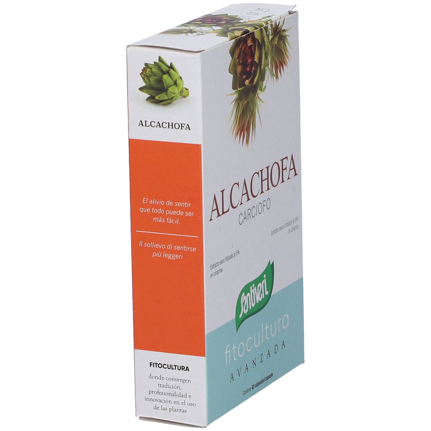Scatola "ALCACHOFA CARCIOFO" con illustrazione di carciofo. Marca: Santiveri, Fitocultura Avanzada. Testo in spagnolo.