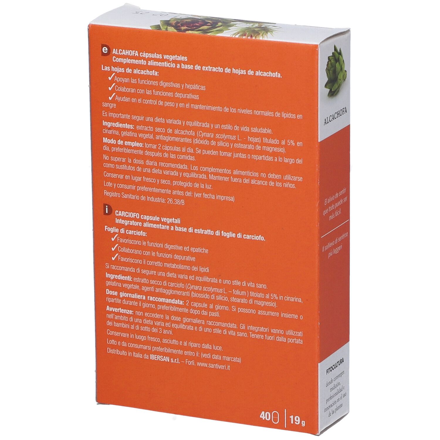 Retro della scatola "ALCACHOFA CARCIOFO". Testo in spagnolo e italiano. Contiene informazioni su ingredienti e uso.