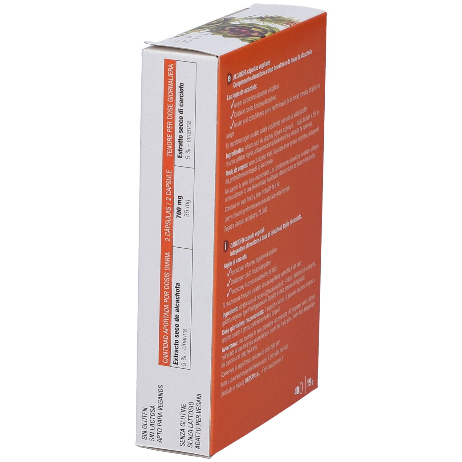 Lato della scatola "ALCACHOFA CARCIOFO". Contiene informazioni sul dosaggio: 2 capsule al giorno. Testo in spagnolo.