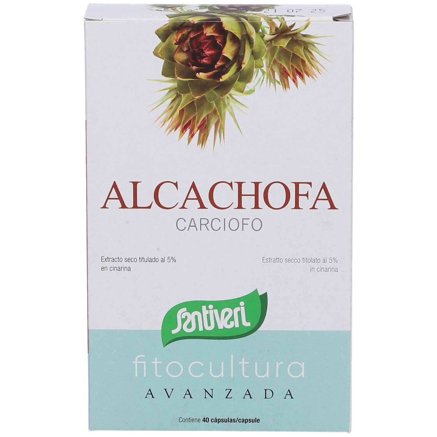 Scatola "ALCACHOFA CARCIOFO" con illustrazione di carciofo. Marca: Santiveri, Fitocultura Avanzada. Contiene 40 capsule.