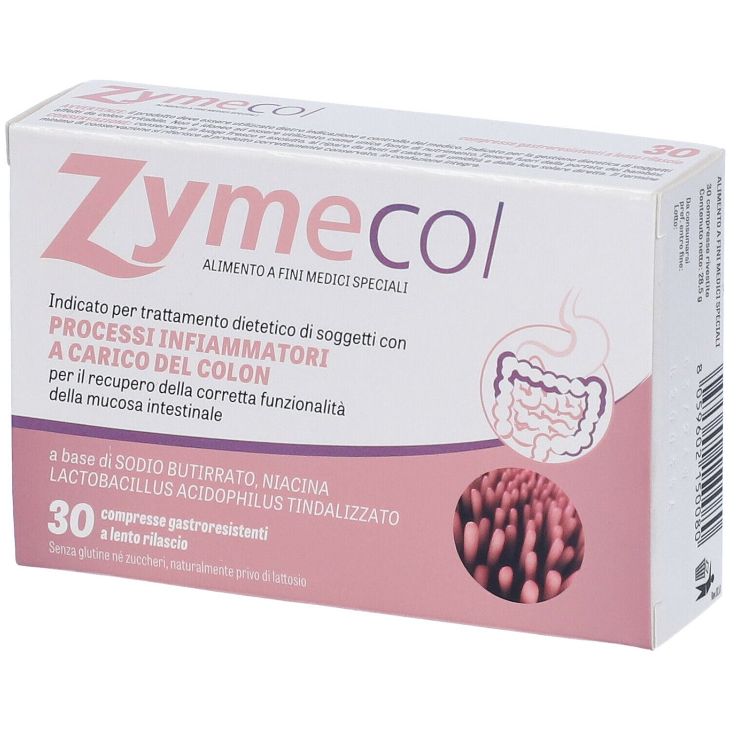 Scatola bianca con logo "Zymecol" e testo. Contiene 30 compresse. Illustrazione dell'intestino.