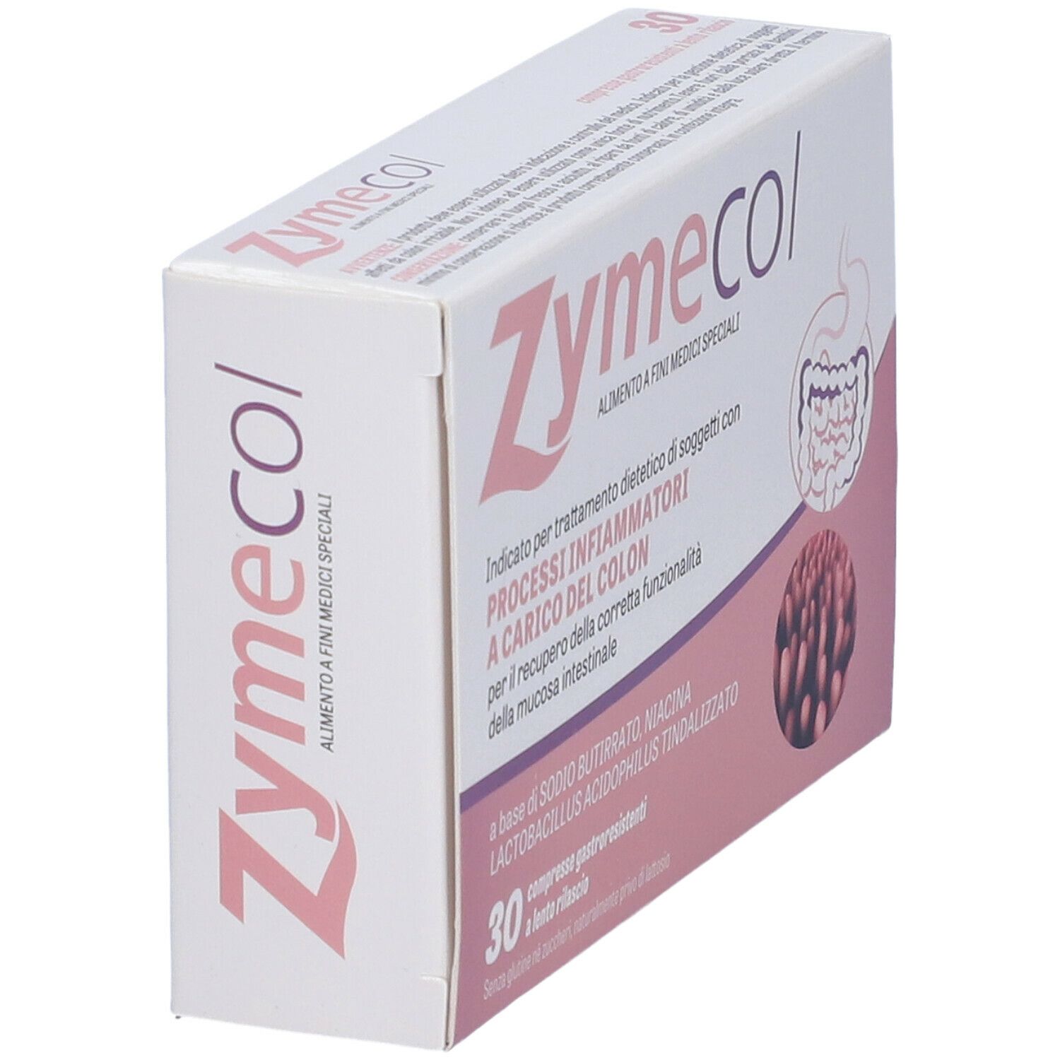 Scatola "Zymecol" in prospettiva. Logo e testo visibili. 30 compresse. Illustrazione dell'intestino.