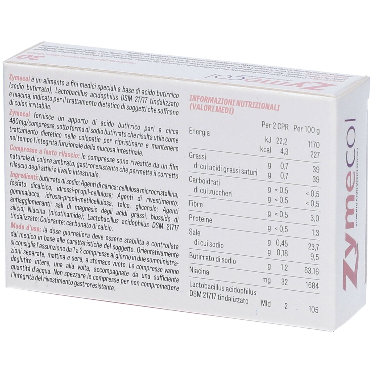 Retro della scatola "Zymecol". Testo con informazioni nutrizionali e ingredienti. Codice a barre.