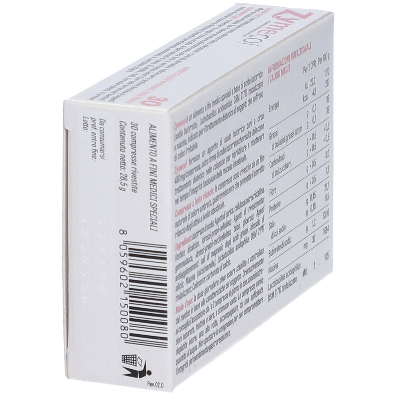 Retro della scatola "Zymecol". Testo e codice a barre. 30 compresse. Informazioni nutrizionali.