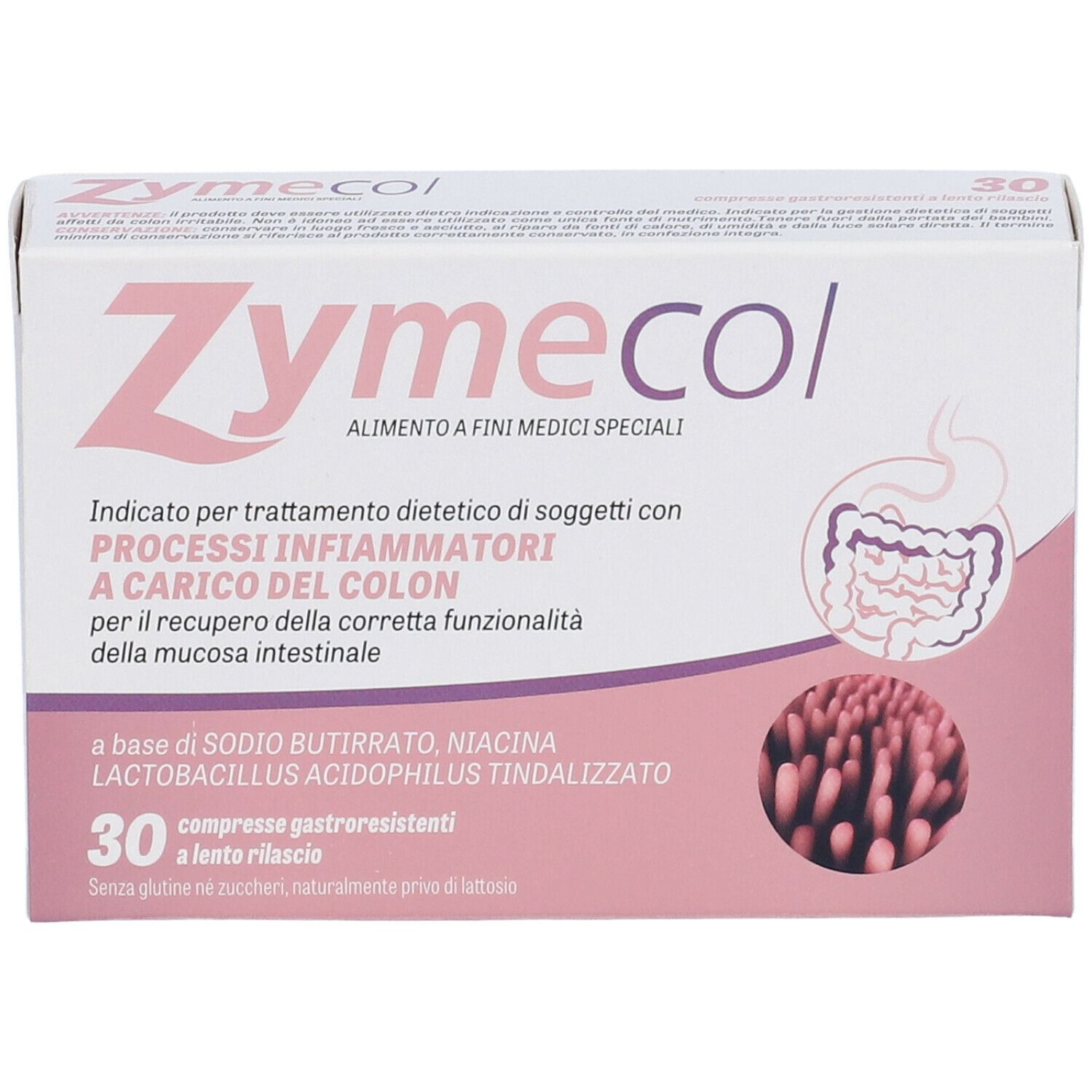 Scatola bianca con logo "Zymecol" e testo. Contiene 30 compresse. Illustrazione dell'intestino.