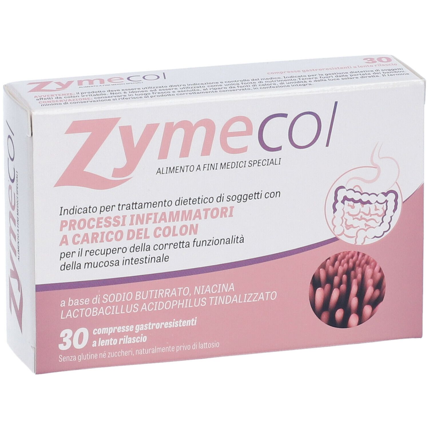 Scatola bianca con logo "Zymecol" e testo. Contiene 30 compresse. Illustrazione dell'intestino.