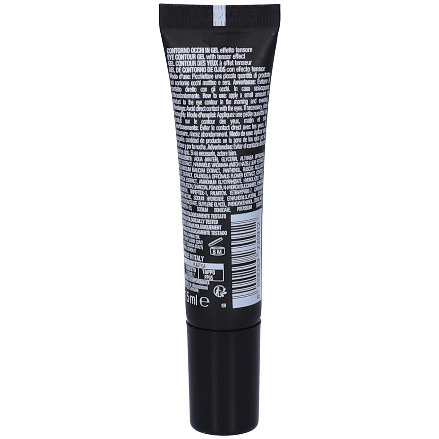 Rückseite der schwarzen Tube. Text in mehreren Sprachen. Produktname: Lovrén EC3 Contorno Occhi.