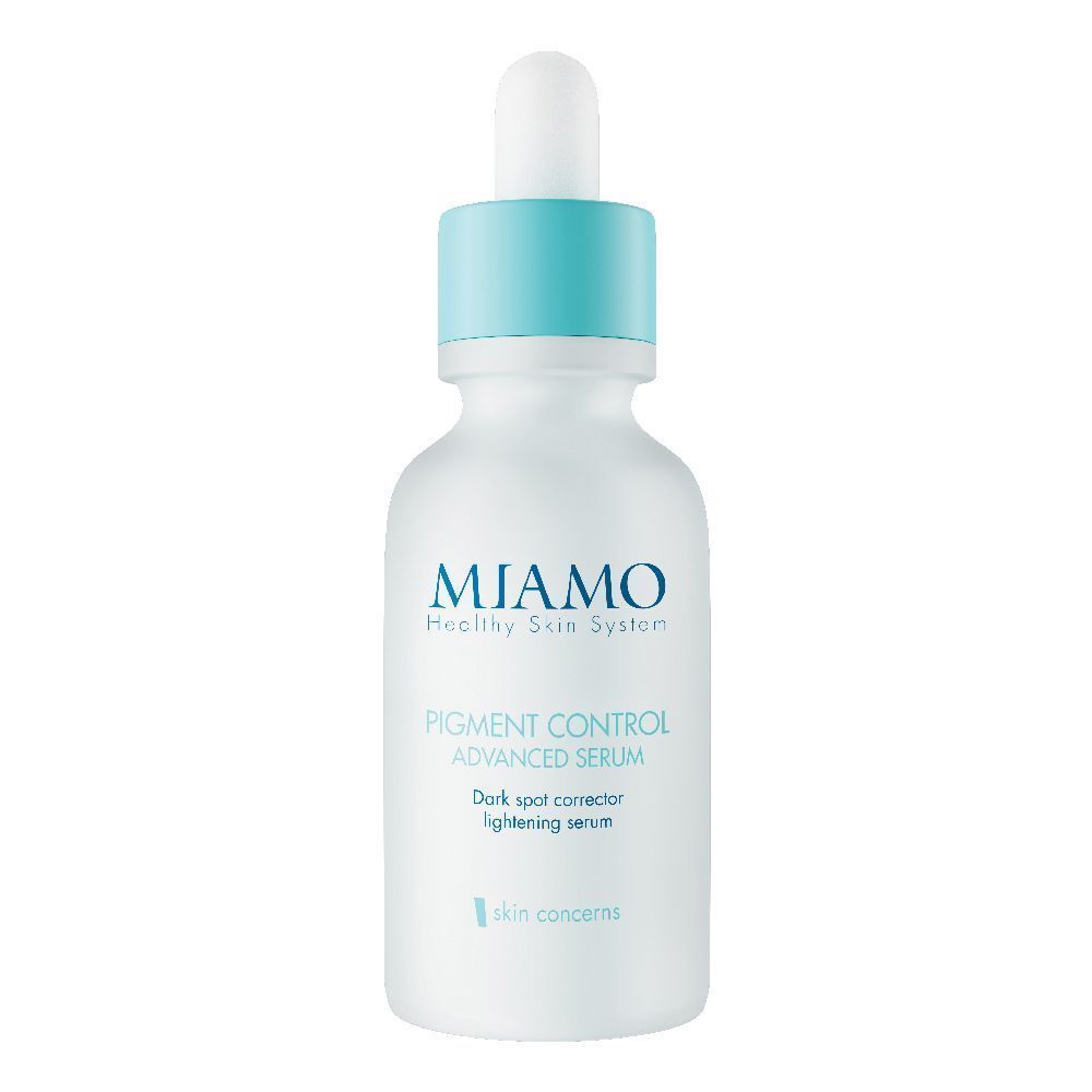 Flacone bianco con tappo blu e contagocce. Scritta: MIAMO, Pigment Control Advanced Serum.