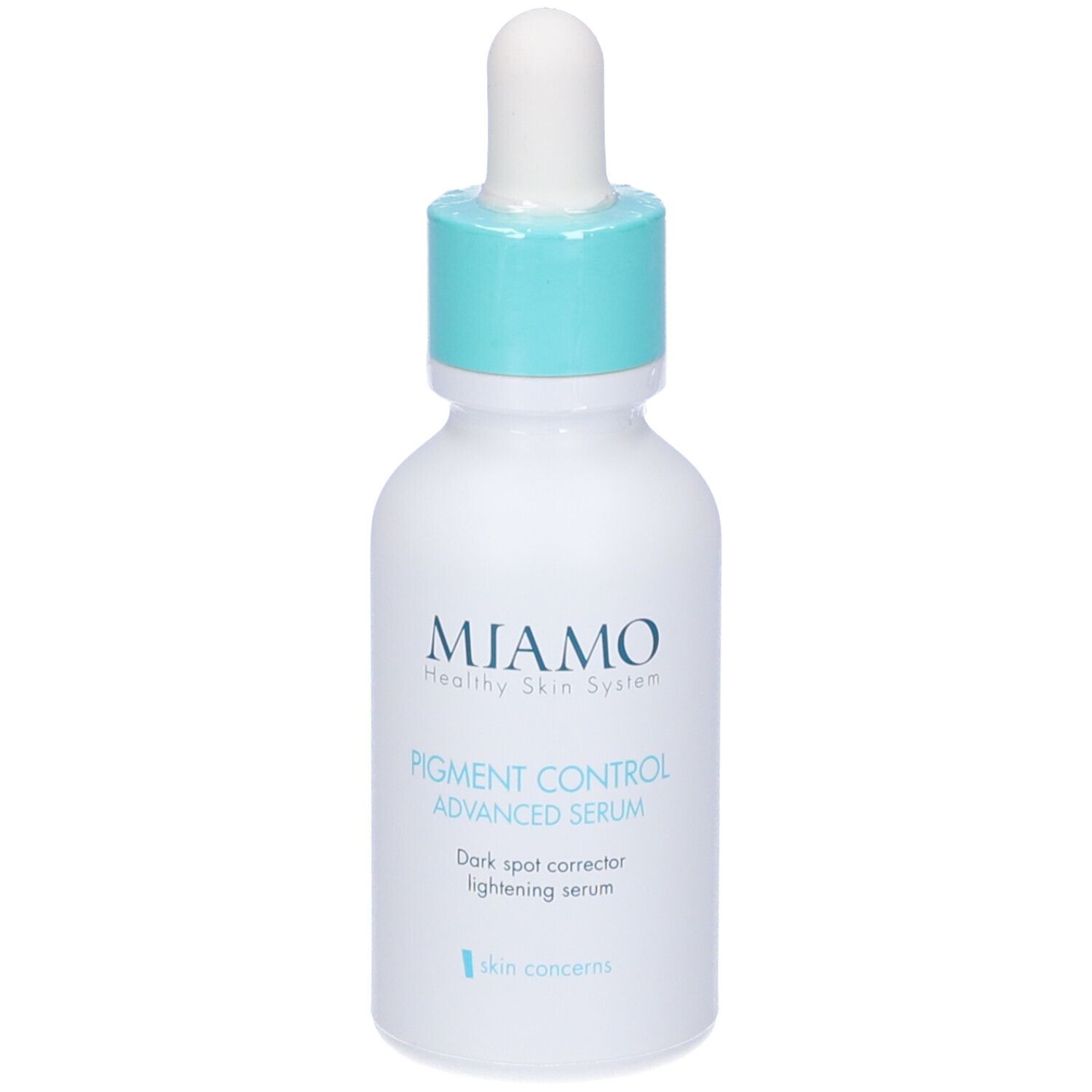 Flacone bianco con tappo blu e contagocce. Scritta: MIAMO, Pigment Control Advanced Serum.