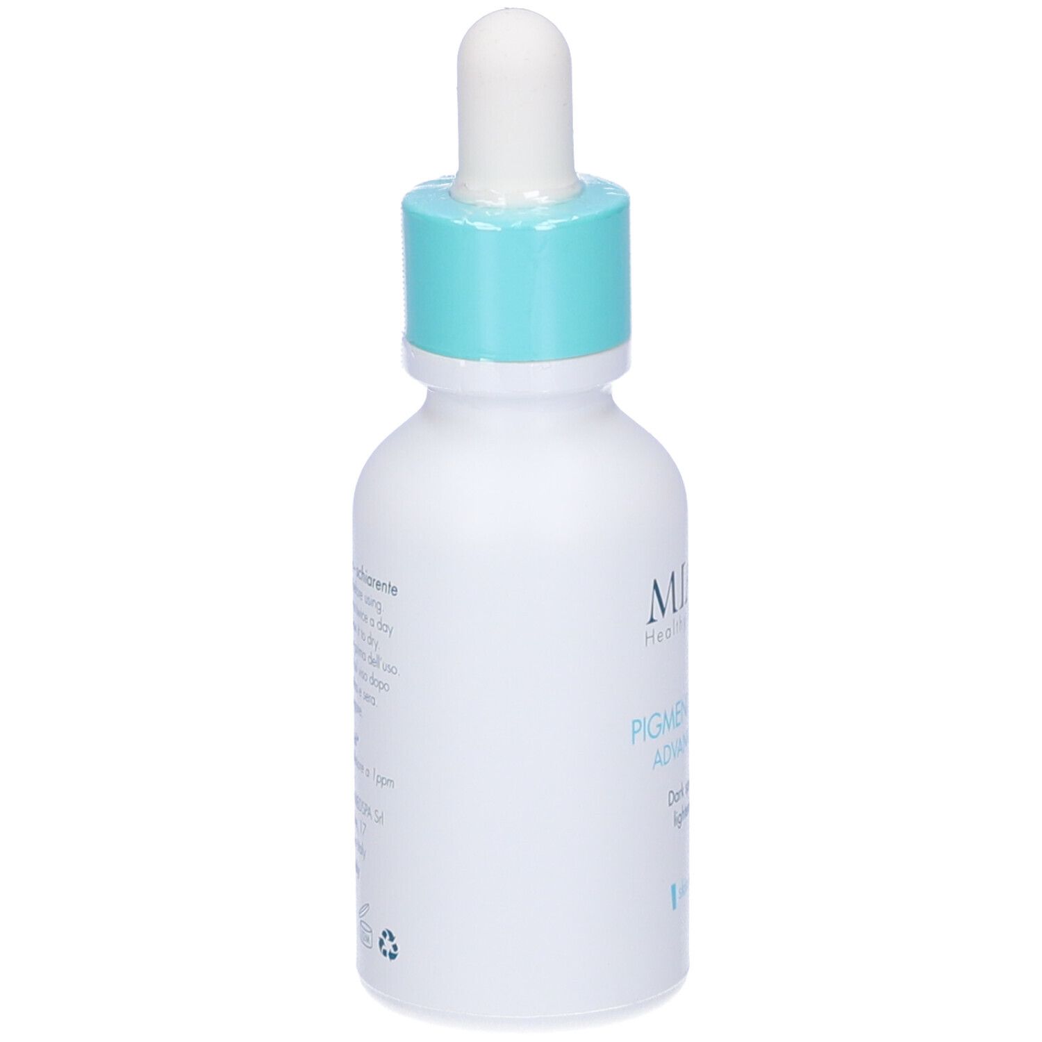 Flacone bianco con tappo blu e contagocce. Scritta: MIAMO, Pigment Control Advanced Serum.