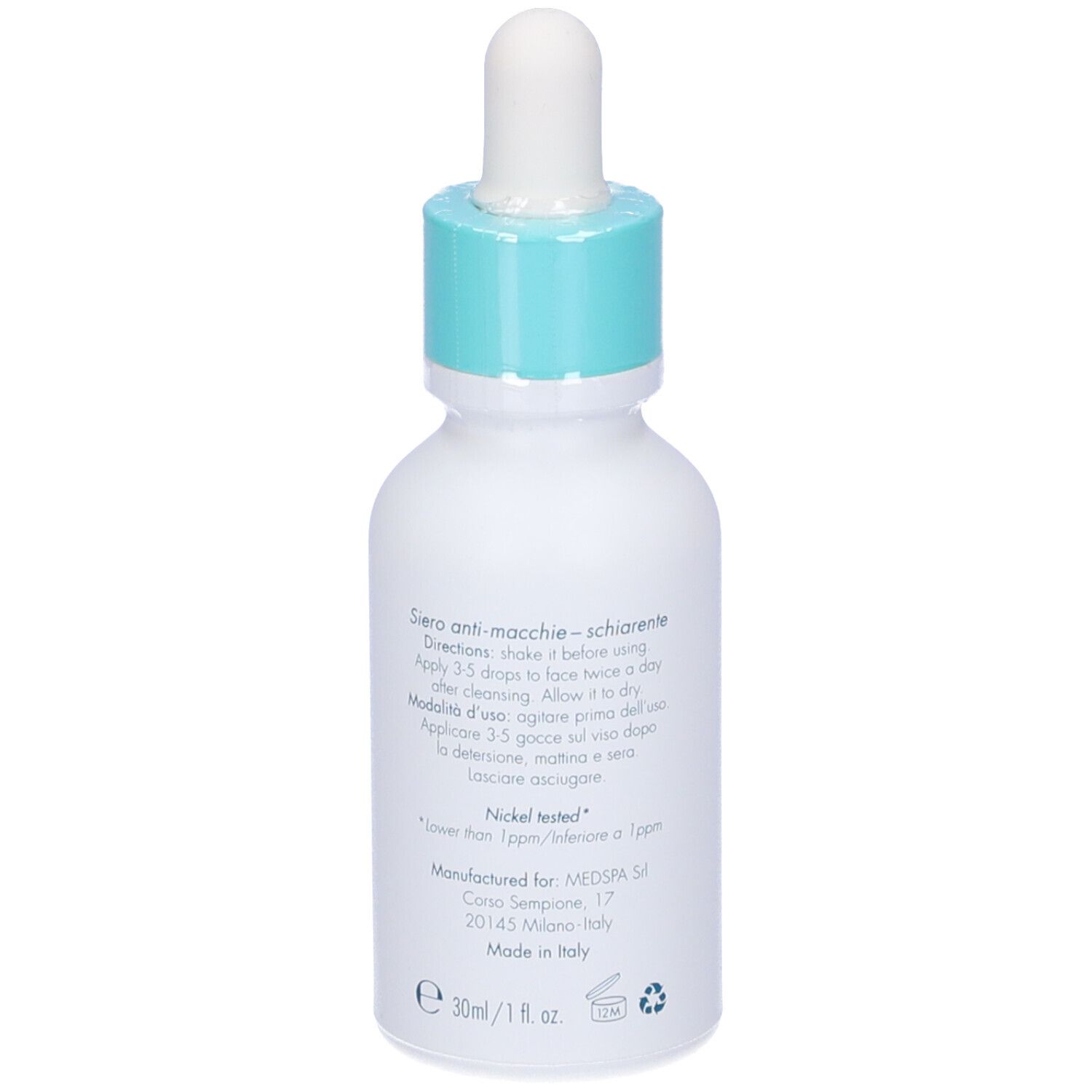 Flacone bianco con tappo blu e contagocce. Scritta: MIAMO, Pigment Control Advanced Serum. Retro con testo.