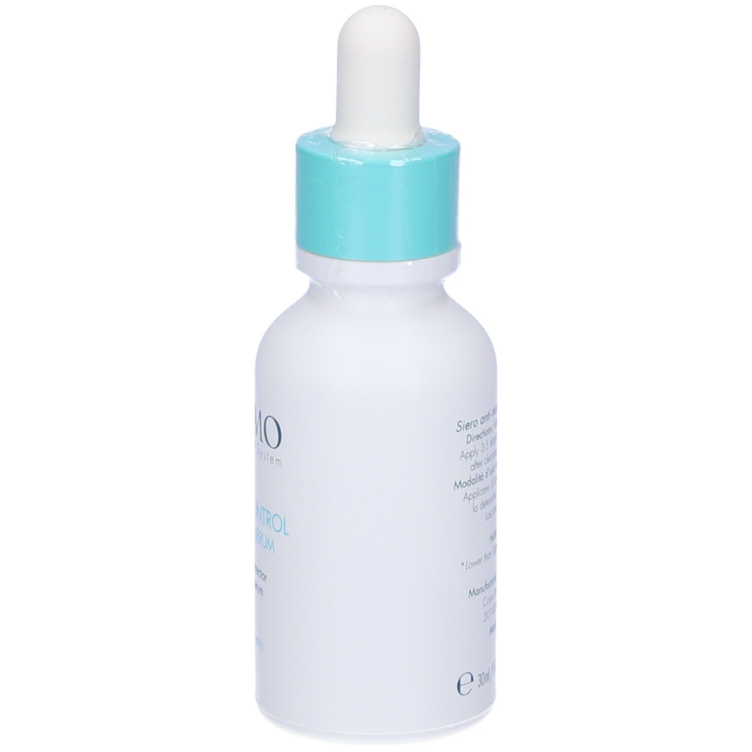 Flacone bianco con tappo blu e contagocce. Scritta: MIAMO, Pigment Control Advanced Serum. Retro con testo.