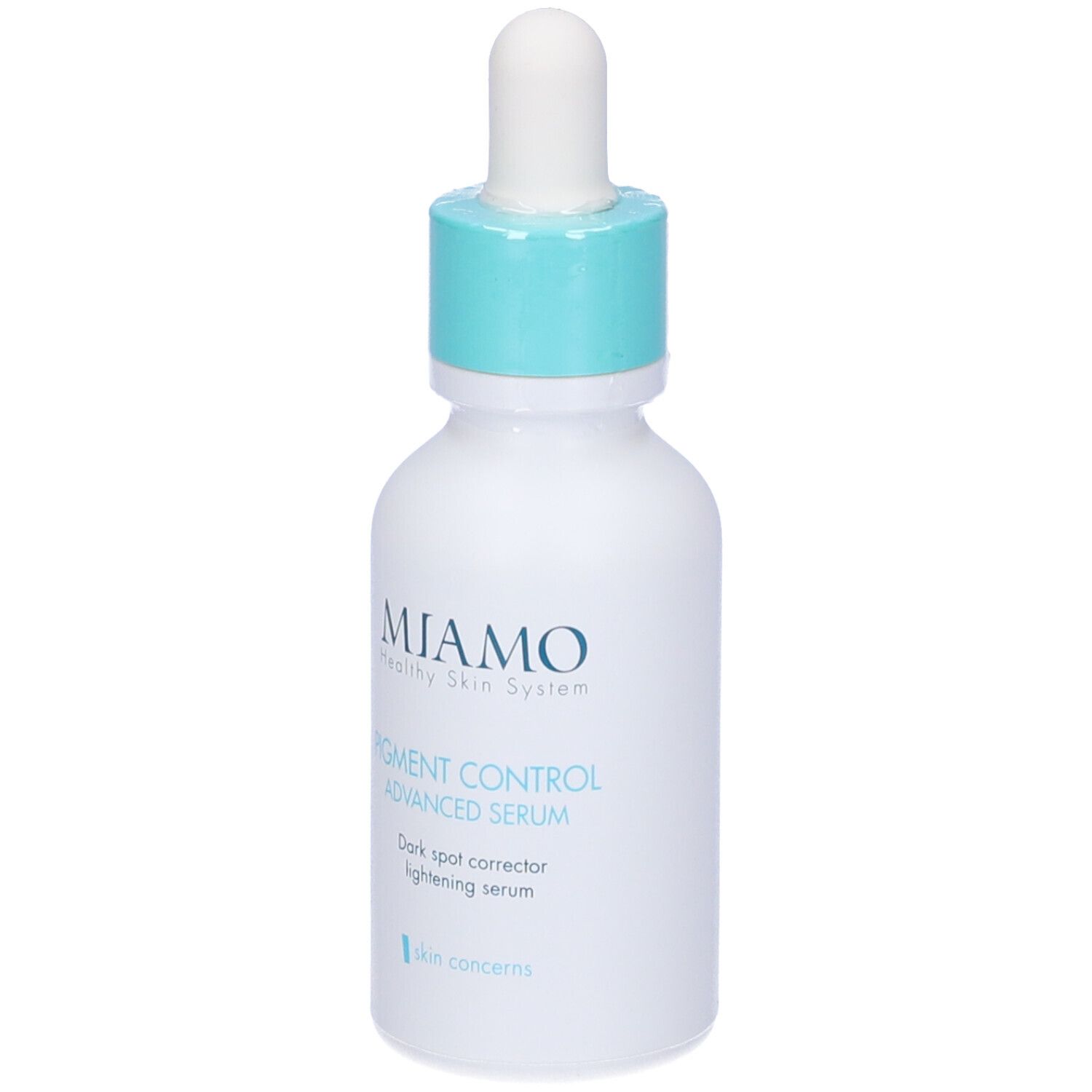 Flacone bianco con tappo blu e contagocce. Scritta: MIAMO, Pigment Control Advanced Serum.