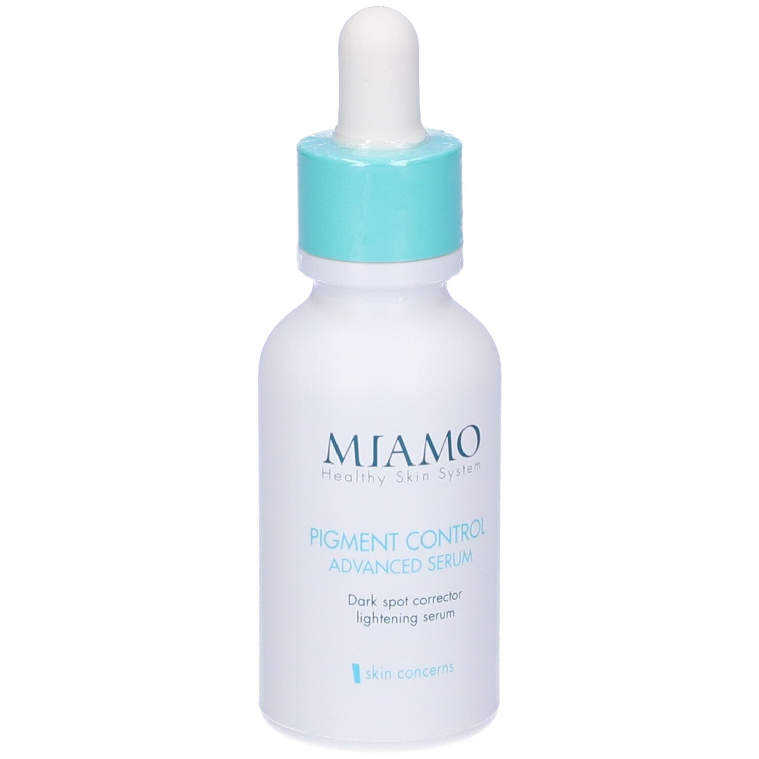 Flacone bianco con tappo blu e contagocce. Scritta: MIAMO, Pigment Control Advanced Serum.