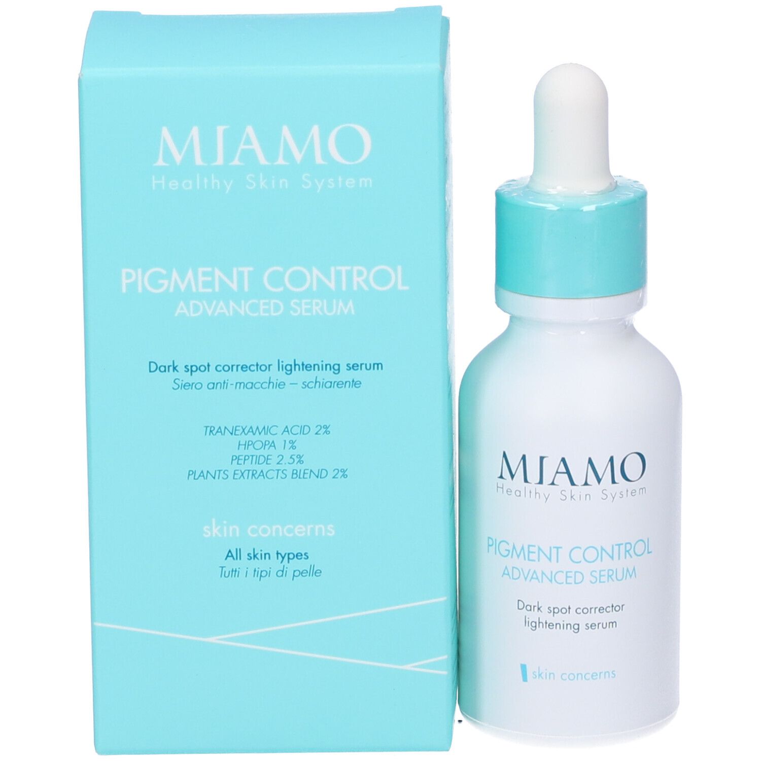 Flacone e scatola. Scritta: MIAMO, Pigment Control Advanced Serum. Ingredienti sulla scatola.