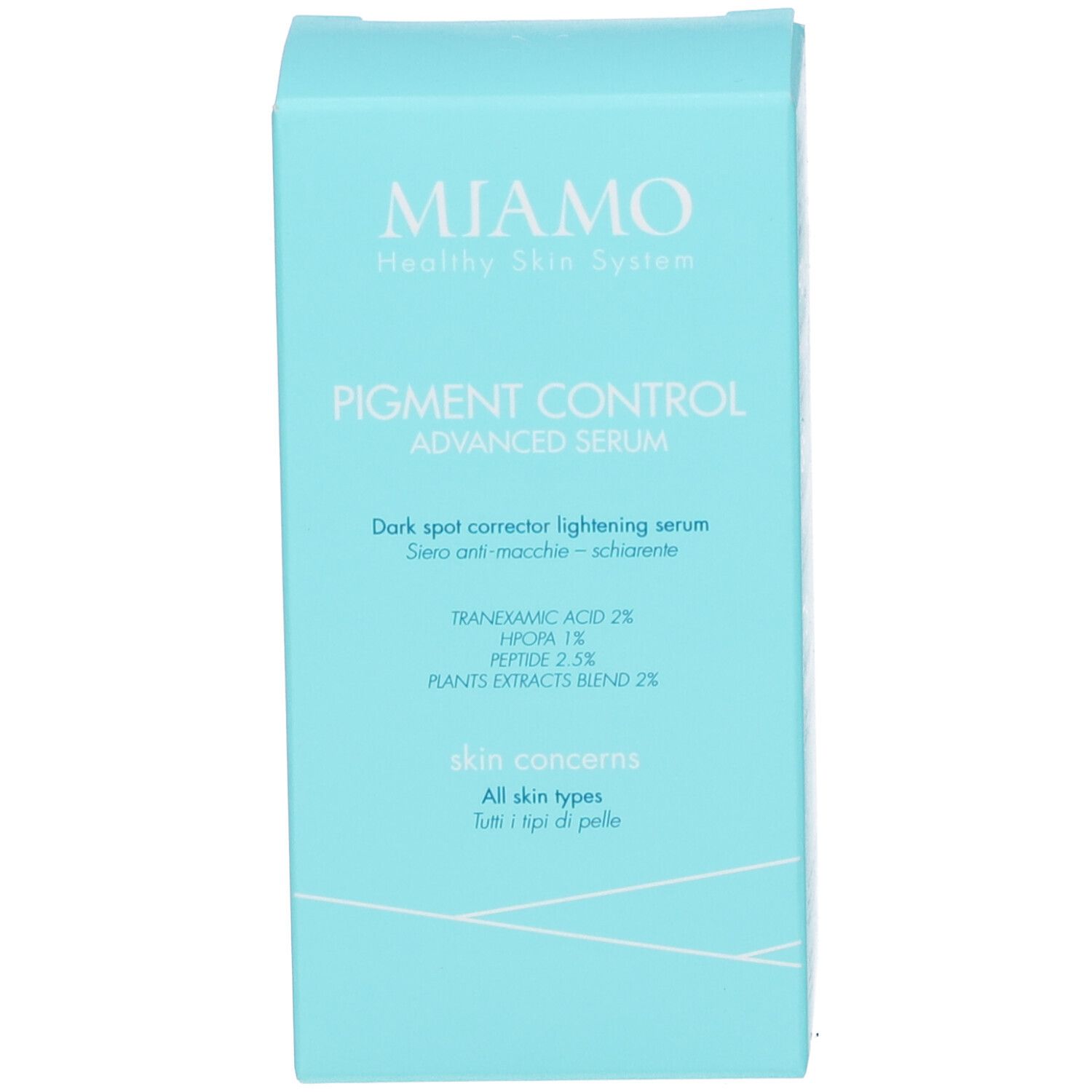 Scatola azzurra. Scritta: MIAMO, Pigment Control Advanced Serum. Ingredienti e informazioni.