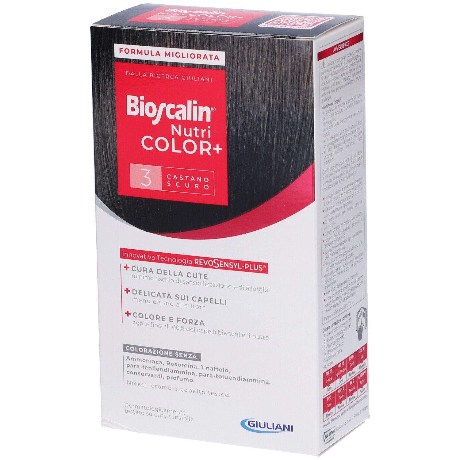 Bioscalin Nutri COLOR+ 3 Castano Scuro. Tinta per capelli nera in scatola. Scritta rossa e bianca. Logo Giuliani.