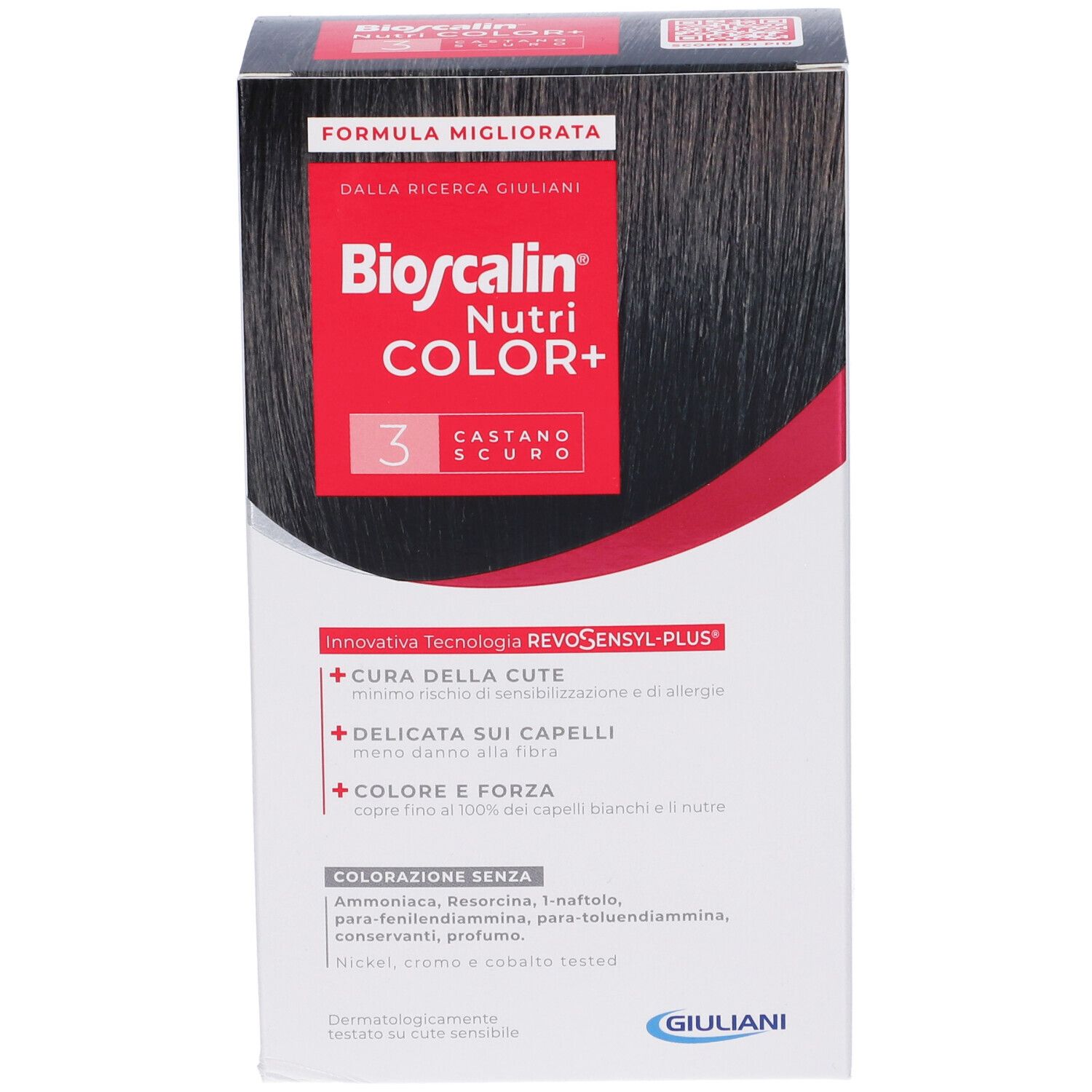 Bioscalin Nutri COLOR+ 3 Castano Scuro. Confezione di tinta per capelli. Scritta rossa e bianca. Logo Giuliani.